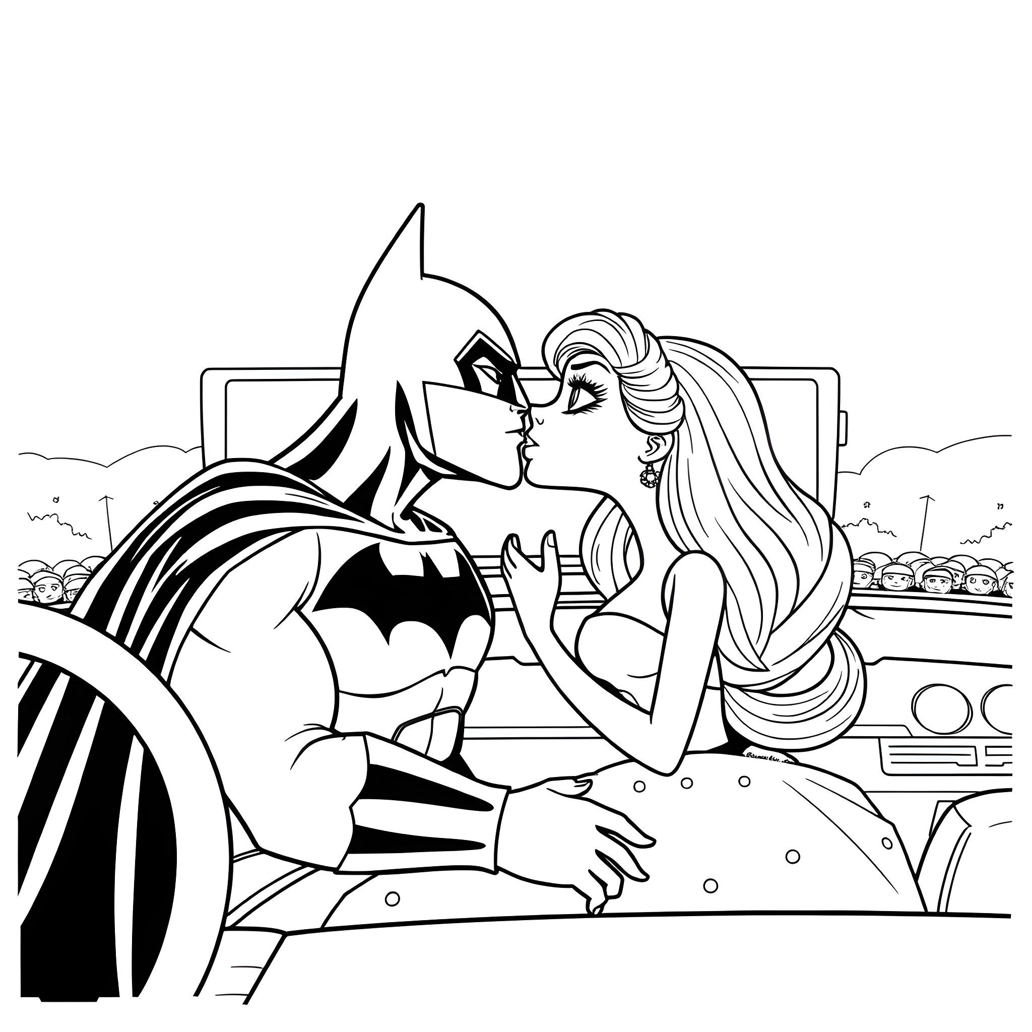 Batman's romantic moment with the blonde beauty Coloring Page (free black-and-white line drawing printable PDF for all, from beginners to advanced learners, including children, teens, adults, and seniors)