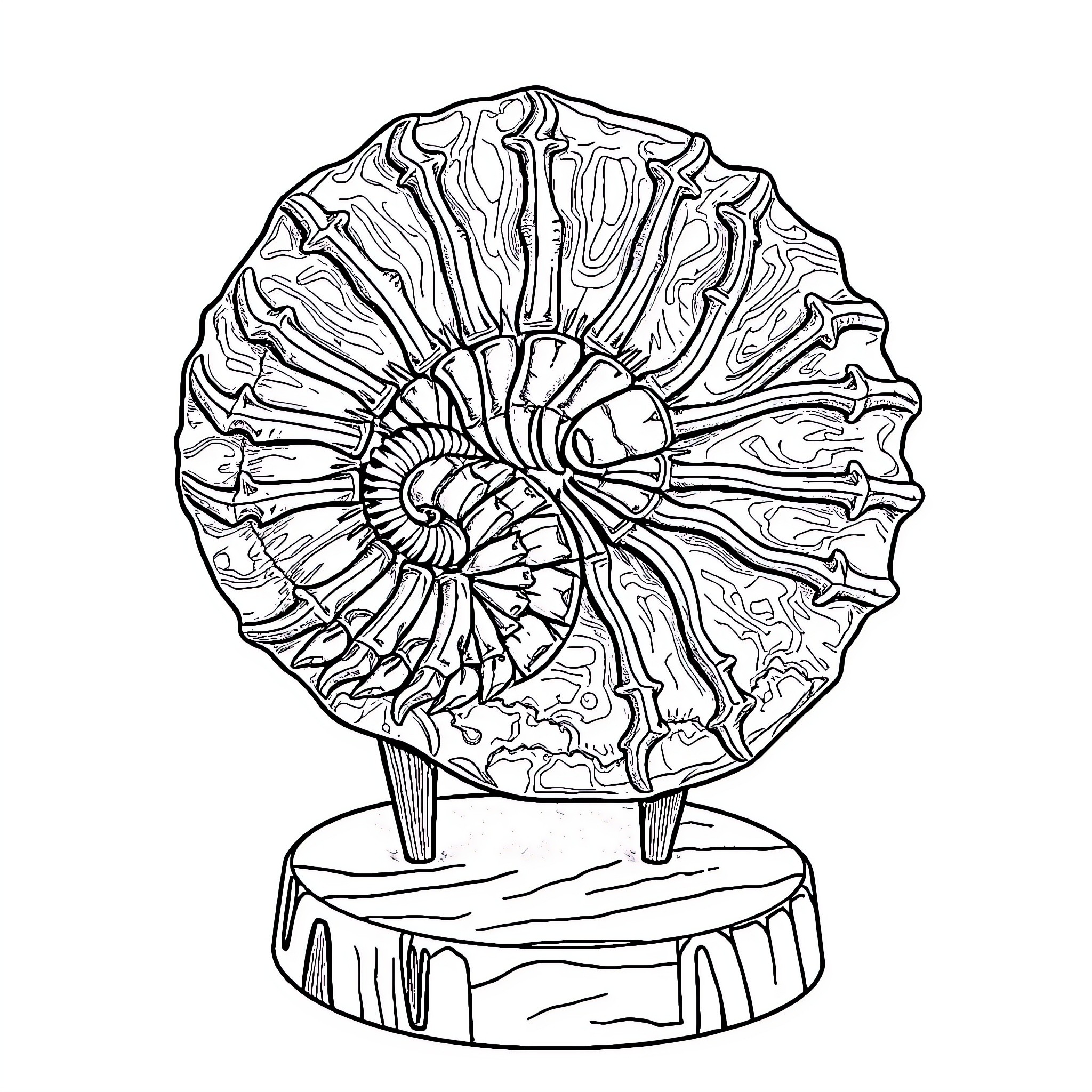 Trilobite fossil displayed on a stand Coloring Page (free black-and-white line drawing printable PDF for all, from beginners to advanced learners, including children, teens, adults, and seniors)