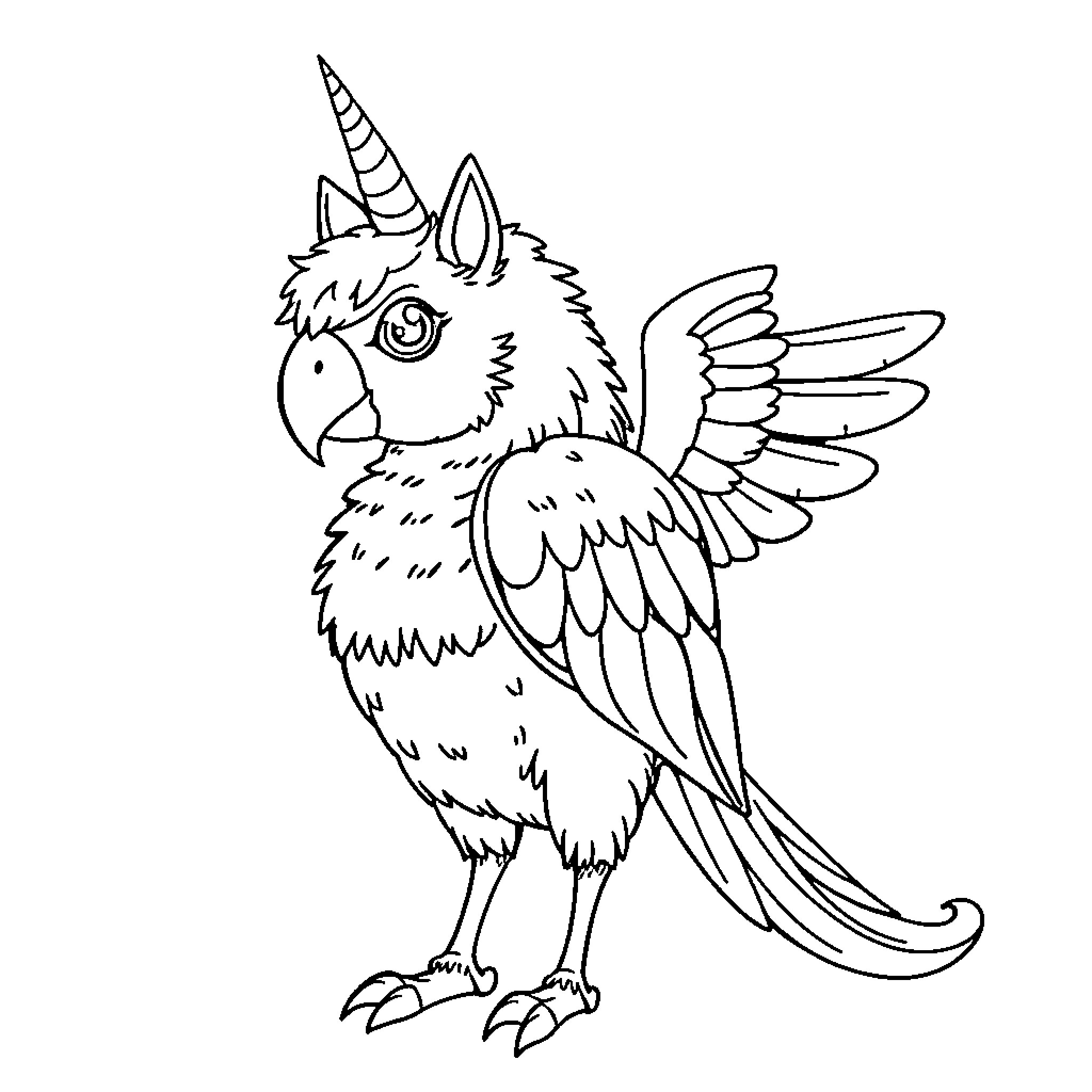 Parrot with a Unicorn Horn Spreading Its Wings Coloring Page (free black-and-white line drawing printable PDF for all, from beginners to advanced learners, including children, teens, adults, and seniors)