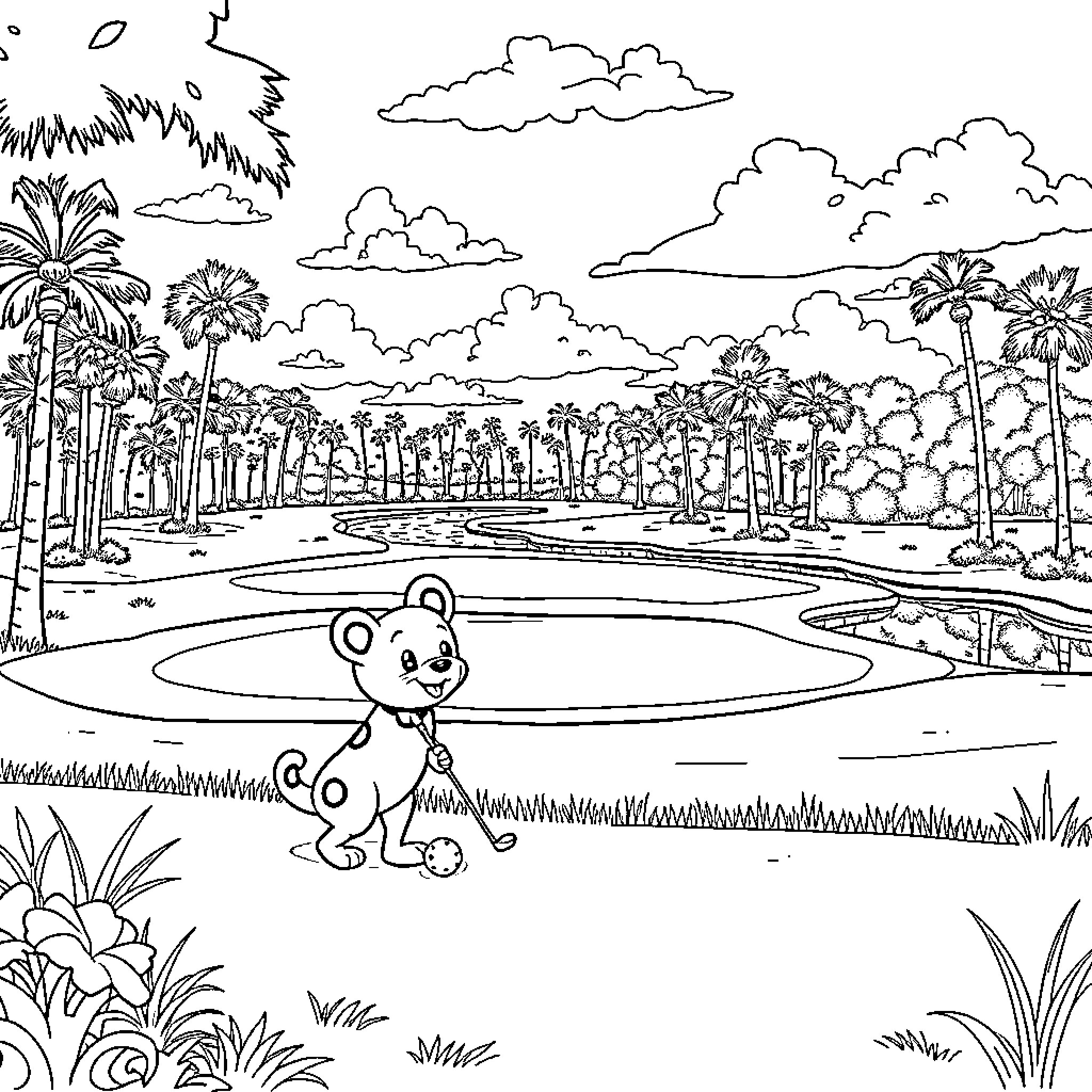 Gabby Dollhouse - Playful Character in Tropical Scene Coloring Page (free black-and-white line drawing printable PDF for all, from beginners to advanced learners, including children, teens, adults, and seniors)