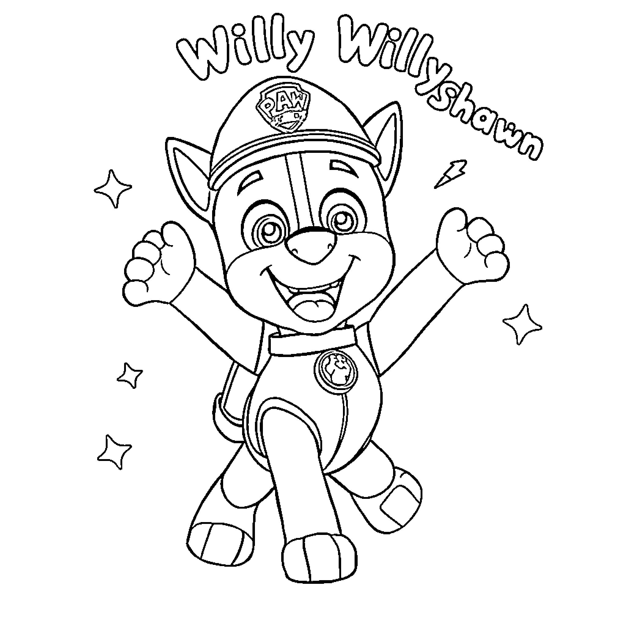 Marshal Puppy Patrol Pup Excitedly Posing Coloring Page (free black-and-white line drawing printable PDF for all, from beginners to advanced learners, including children, teens, adults, and seniors)