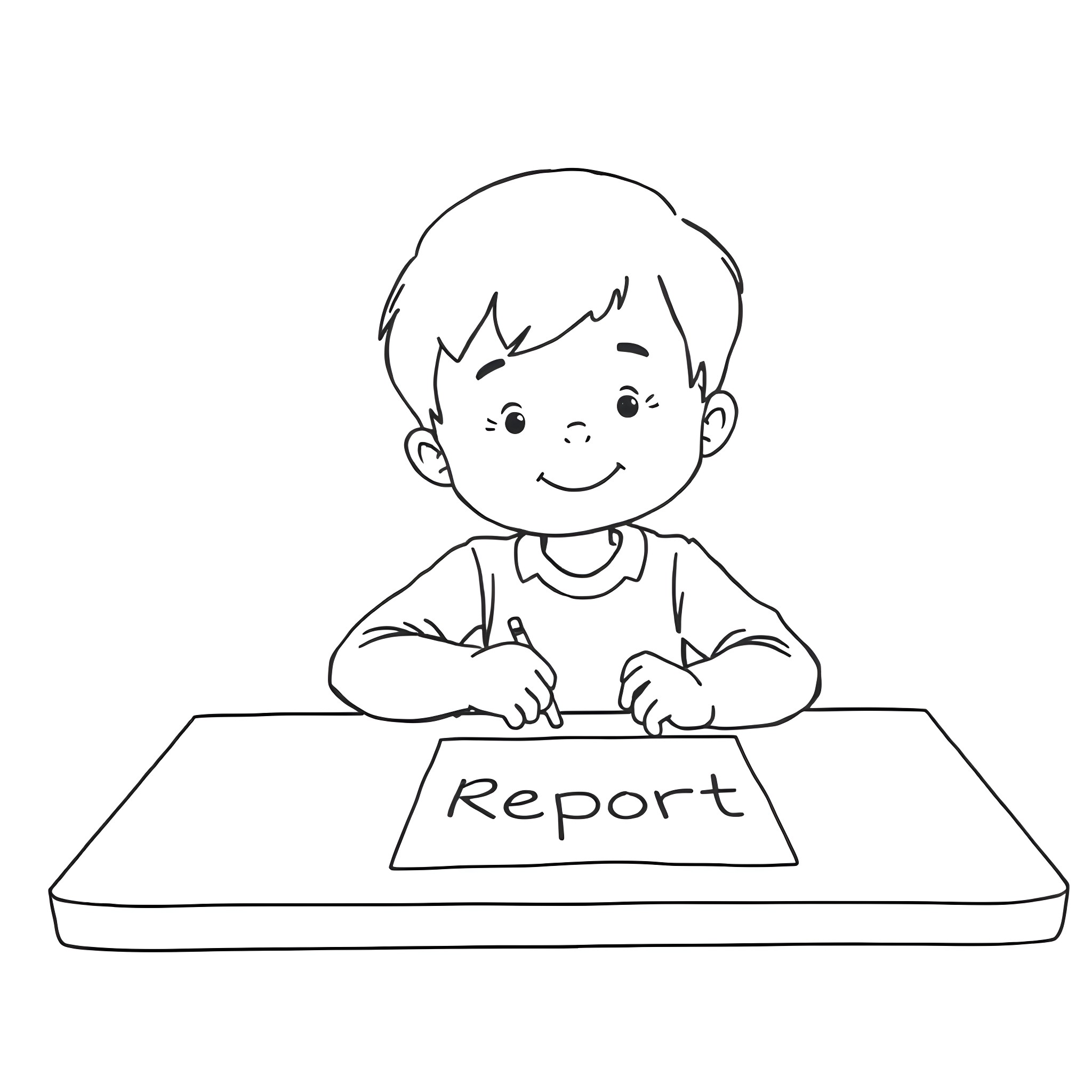 Child writing a report at desk Coloring Page (free black-and-white line drawing printable PDF for all, from beginners to advanced learners, including children, teens, adults, and seniors)