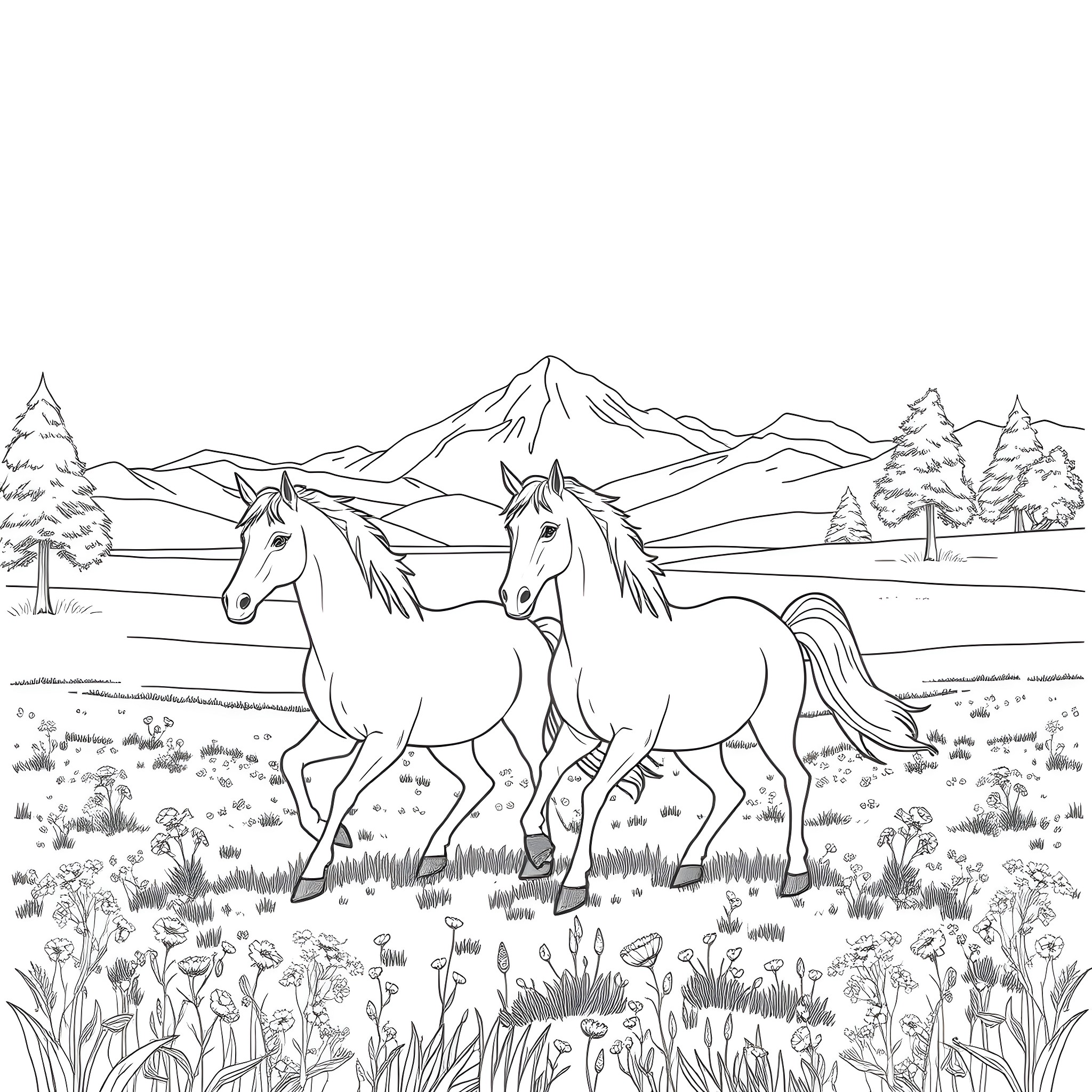 Unicorn Pair Galloping Through Scenic Meadow Coloring Page (free black-and-white line drawing printable PDF for all, from beginners to advanced learners, including children, teens, adults, and seniors)
