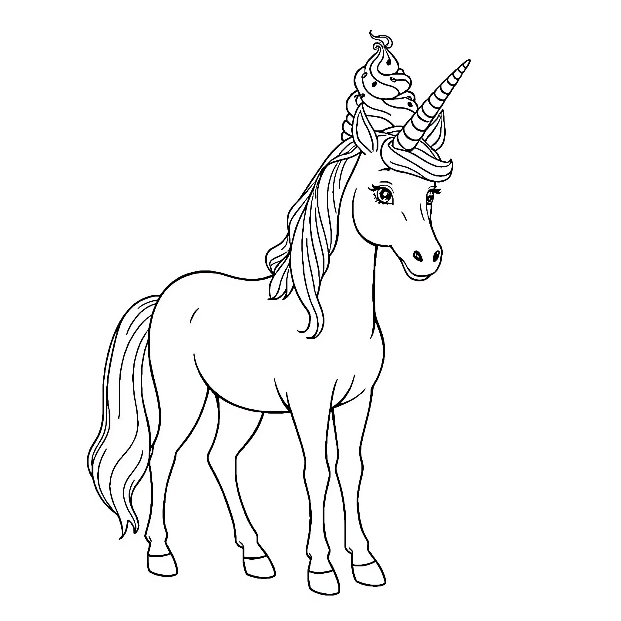 Unicorn with whimsical horn and flowing mane Coloring Page (free black-and-white line drawing printable PDF for all, from beginners to advanced learners, including children, teens, adults, and seniors)