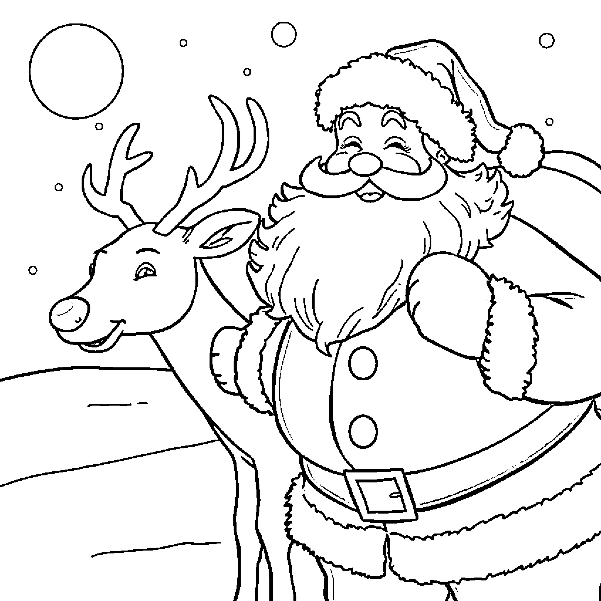 Santa and reindeer riding through snowy landscape Coloring Page (free black-and-white line drawing printable PDF for all, from beginners to advanced learners, including children, teens, adults, and seniors)