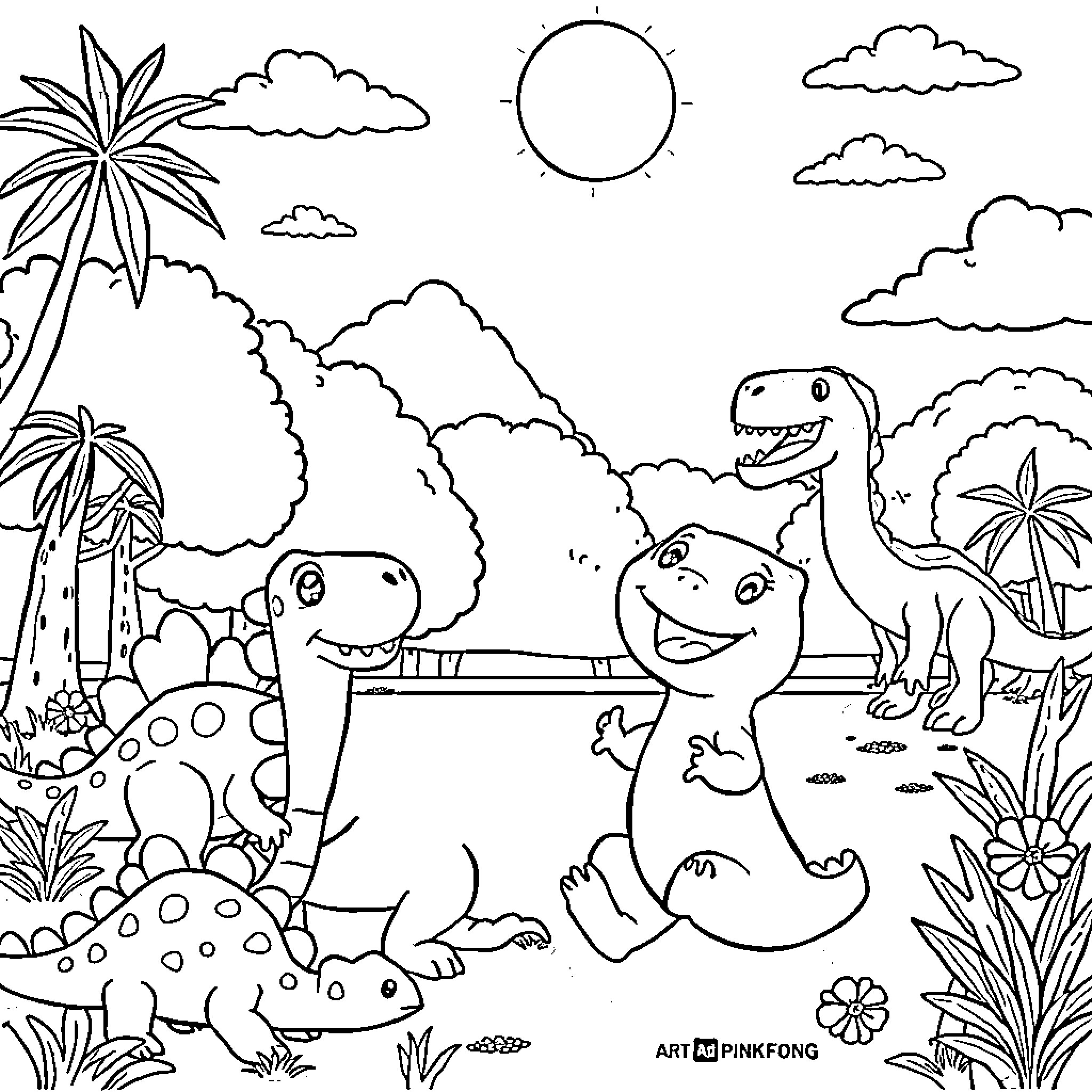 Pink Fong dinosaurs exploring lush tropical landscape Coloring Page (free black-and-white line drawing printable PDF for all, from beginners to advanced learners, including children, teens, adults, and seniors)