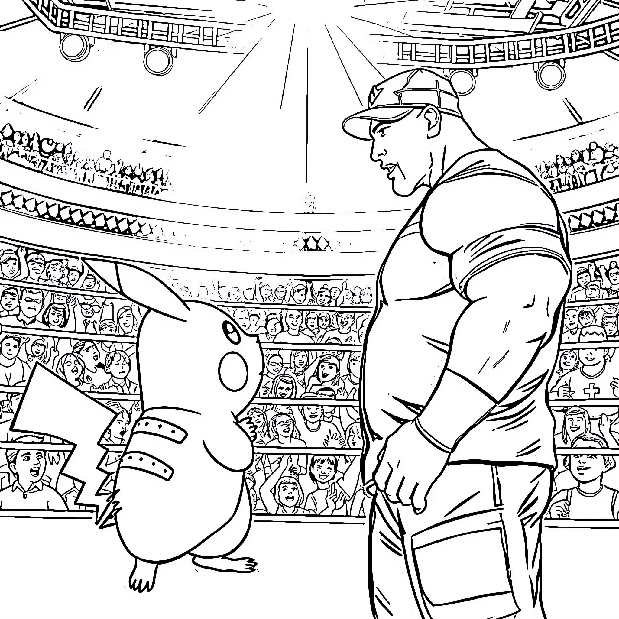 Pikachu battling against a muscular wrestler in a packed stadium Coloring Page (free black-and-white line drawing printable PDF for all, from beginners to advanced learners, including children, teens, adults, and seniors)