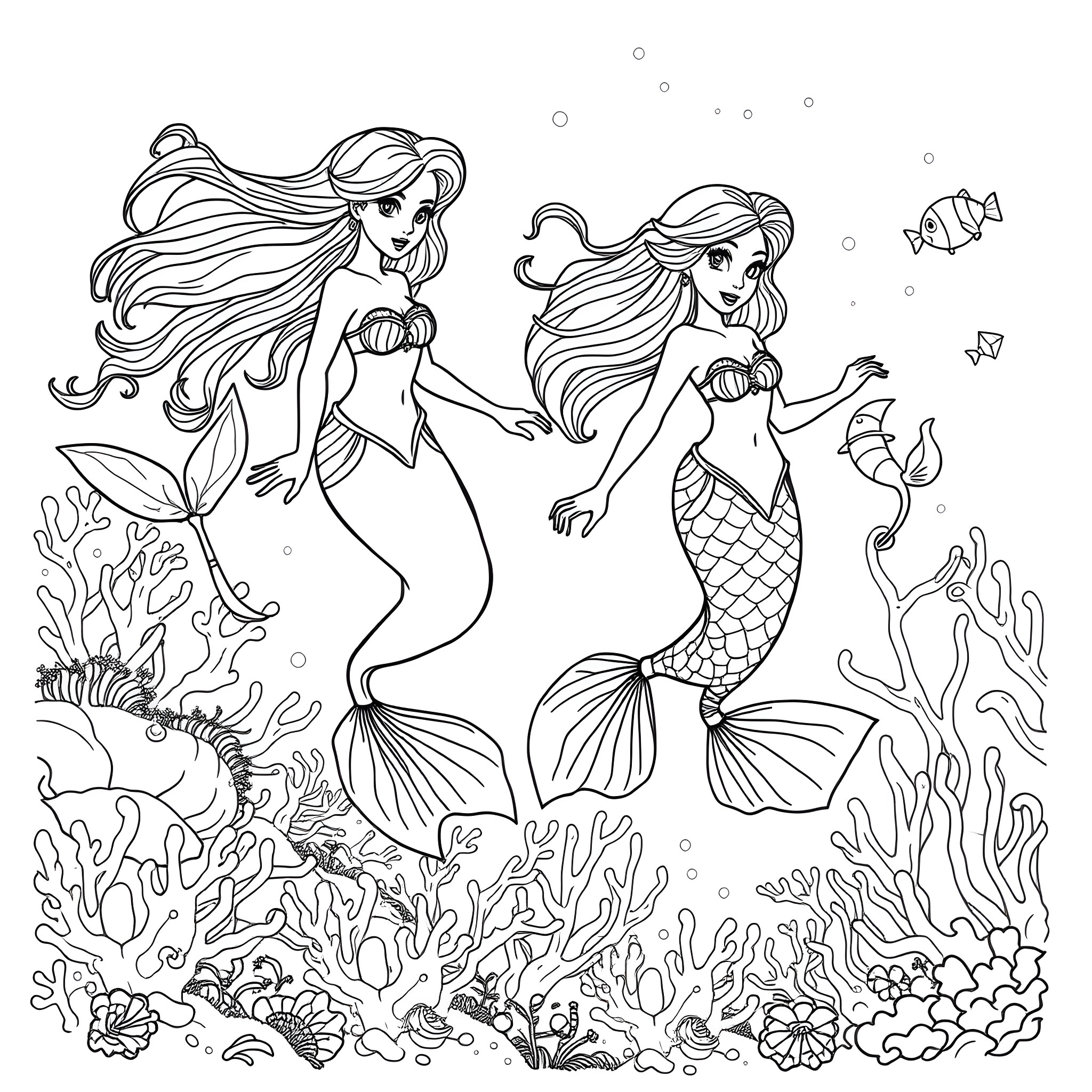 Mermaid friends swimming in the underwater world Coloring Page (free black-and-white line drawing printable PDF for all, from beginners to advanced learners, including children, teens, adults, and seniors)