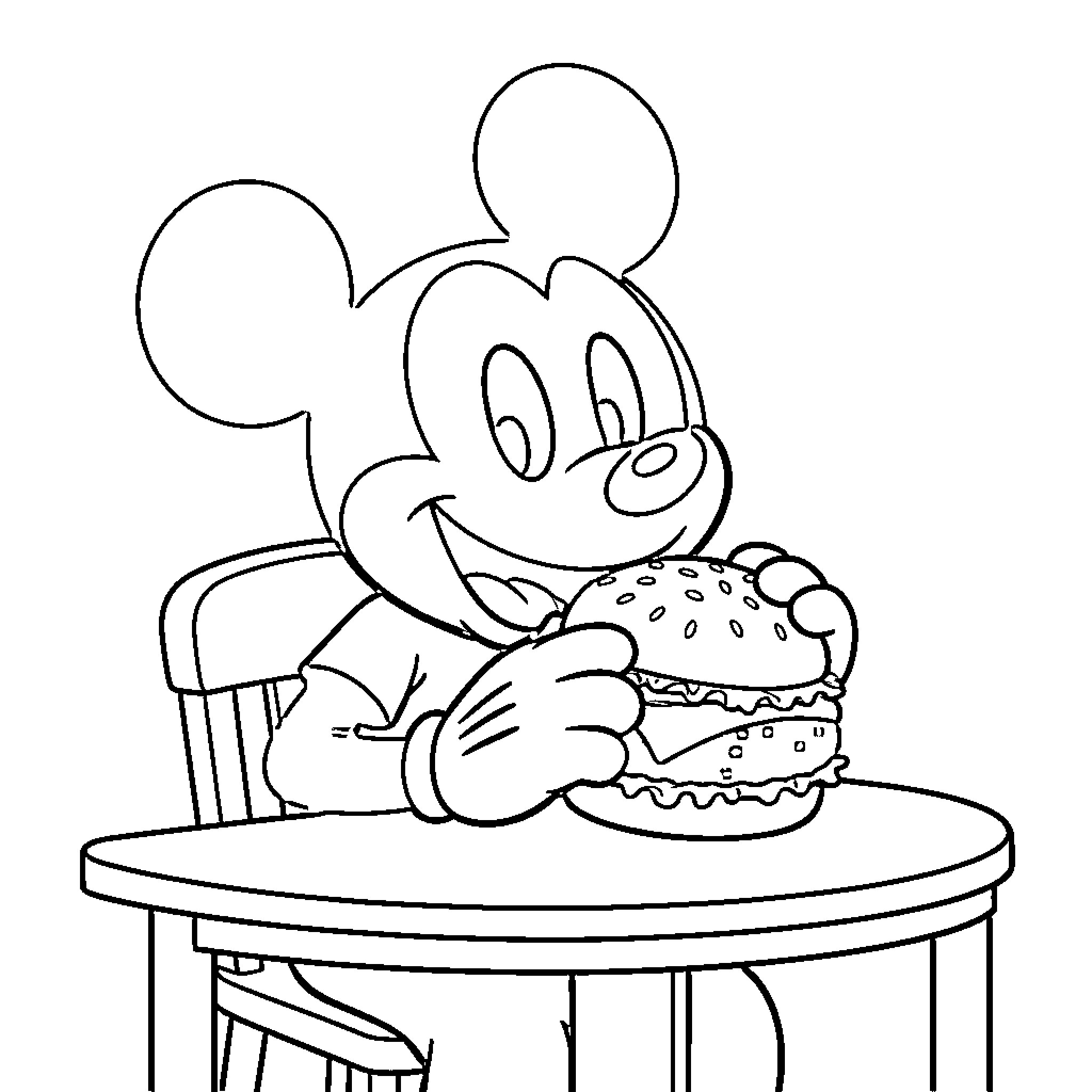 Mickey happily eating a large hamburger at a table Coloring Page (free black-and-white line drawing printable PDF for all, from beginners to advanced learners, including children, teens, adults, and seniors)