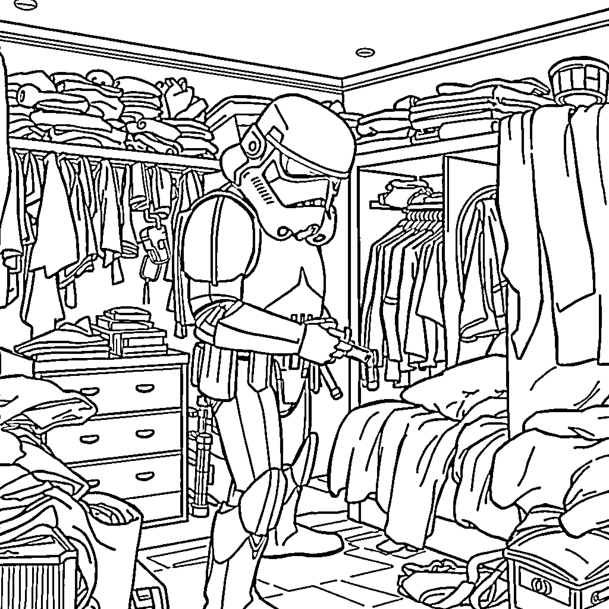 Stormtrooper sorting through cluttered wardrobe Coloring Page (free black-and-white line drawing printable PDF for all, from beginners to advanced learners, including children, teens, adults, and seniors)