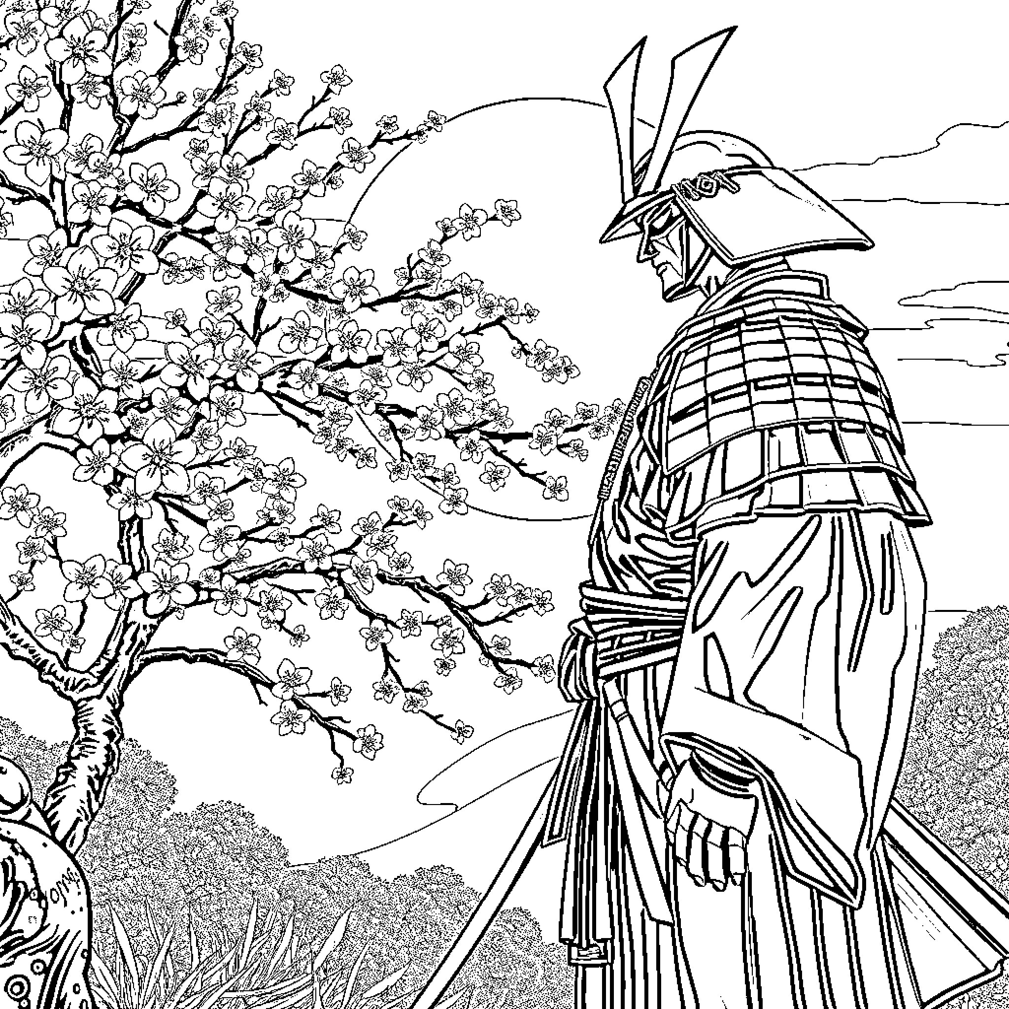 Samurai warrior in tranquil Japanese landscape Coloring Page (free black-and-white line drawing printable PDF for all, from beginners to advanced learners, including children, teens, adults, and seniors)