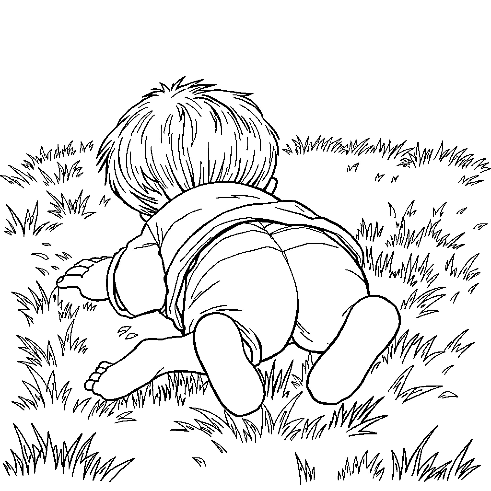 Boy playing joyfully in grassy field Coloring Page (free black-and-white line drawing printable PDF for all, from beginners to advanced learners, including children, teens, adults, and seniors)
