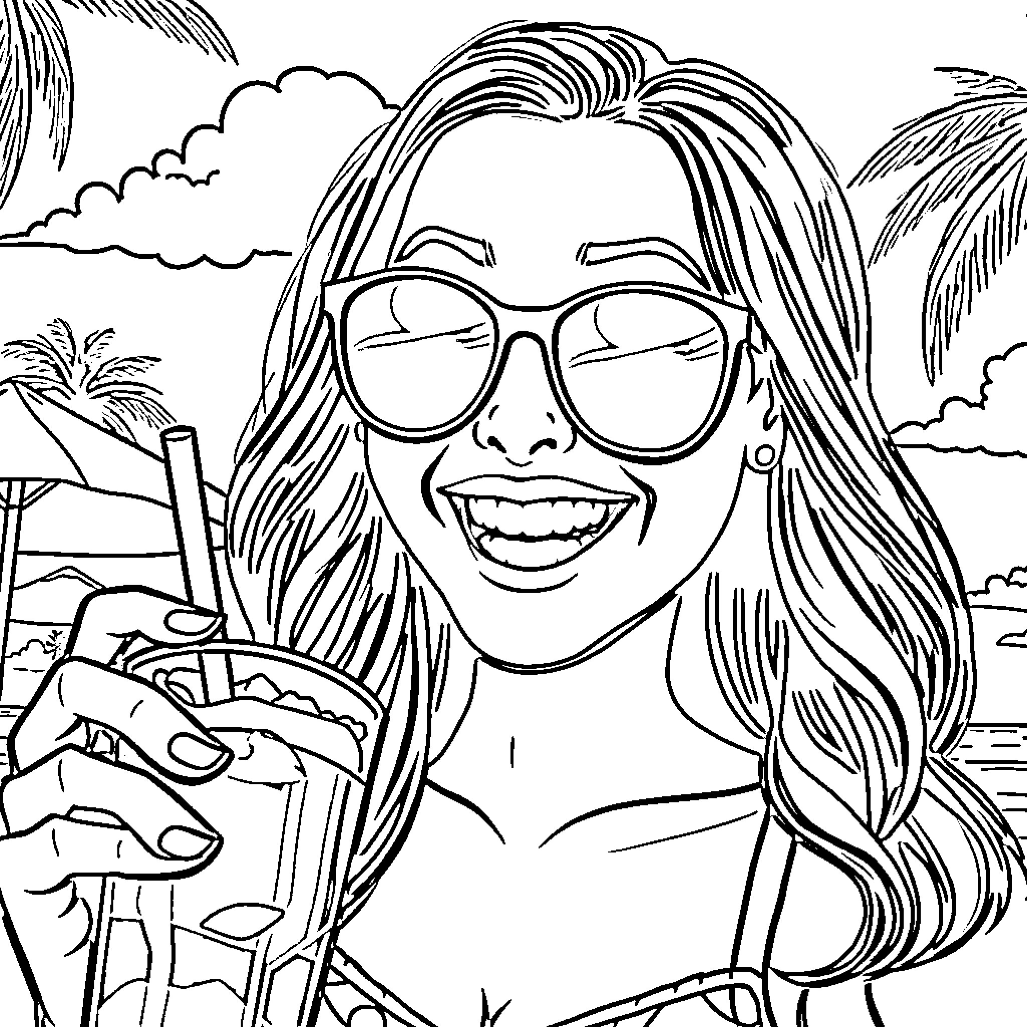 Kendra enjoying a tropical vacation Coloring Page (free black-and-white line drawing printable PDF for all, from beginners to advanced learners, including children, teens, adults, and seniors)