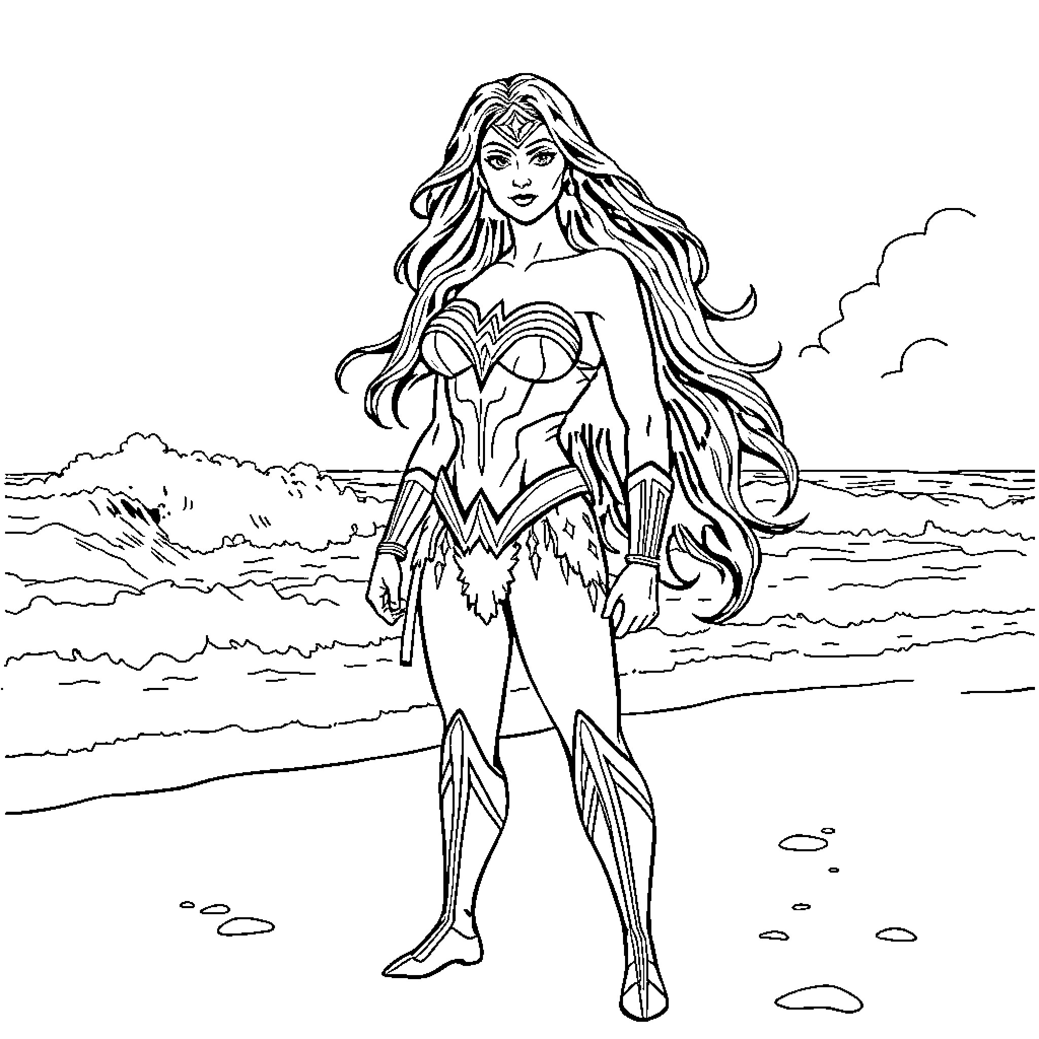Wonder Woman in Heroic Pose on the Beach Coloring Page (free black-and-white line drawing printable PDF for all, from beginners to advanced learners, including children, teens, adults, and seniors)