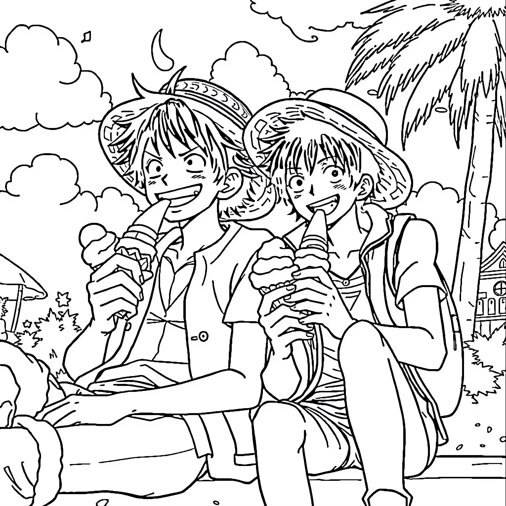 Monkey friends enjoying ice cream on a summer day Coloring Page (free black-and-white line drawing printable PDF for all, from beginners to advanced learners, including children, teens, adults, and seniors)