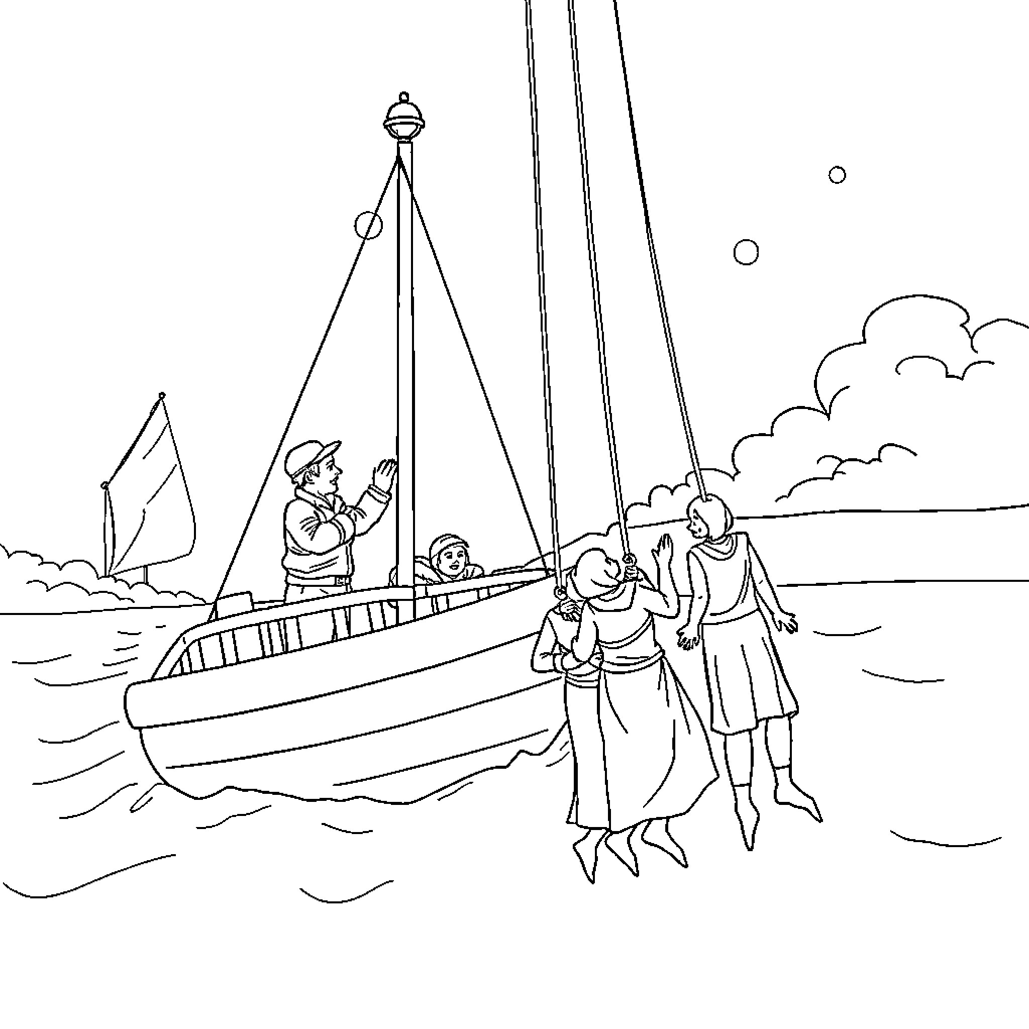 Helicopter sailing with passengers on a boat Coloring Page (free black-and-white line drawing printable PDF for all, from beginners to advanced learners, including children, teens, adults, and seniors)