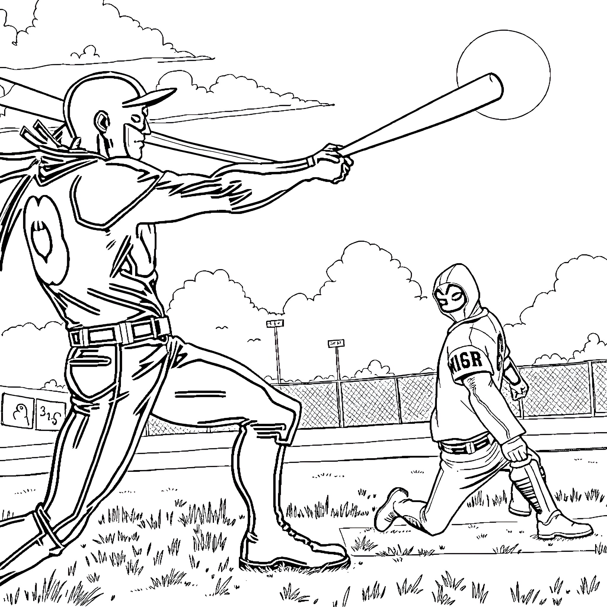 Nightwing battling a foe in an outdoor setting Coloring Page (free black-and-white line drawing printable PDF for all, from beginners to advanced learners, including children, teens, adults, and seniors)