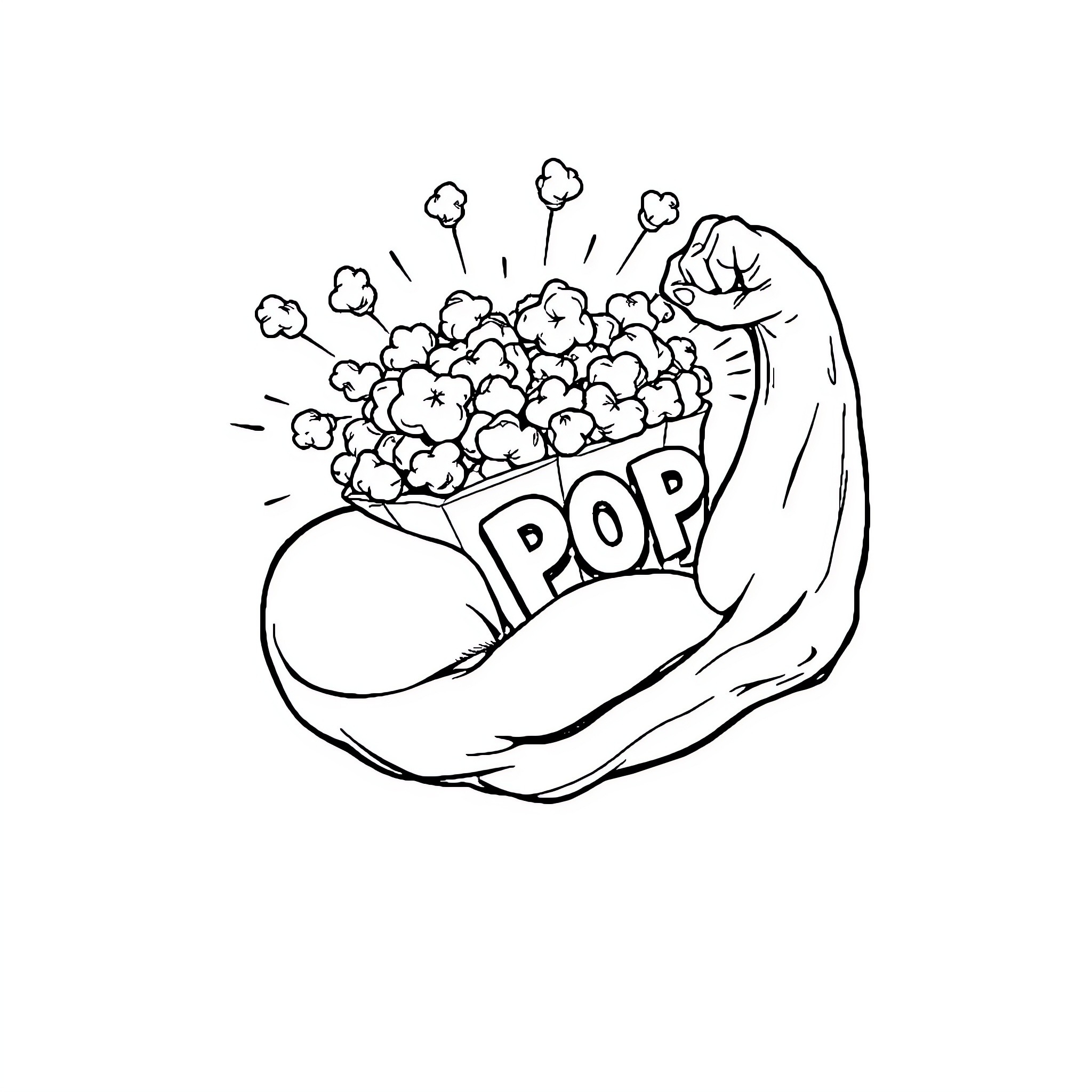 Popcorn bursting from muscular hand Coloring Page (free black-and-white line drawing printable PDF for all, from beginners to advanced learners, including children, teens, adults, and seniors)