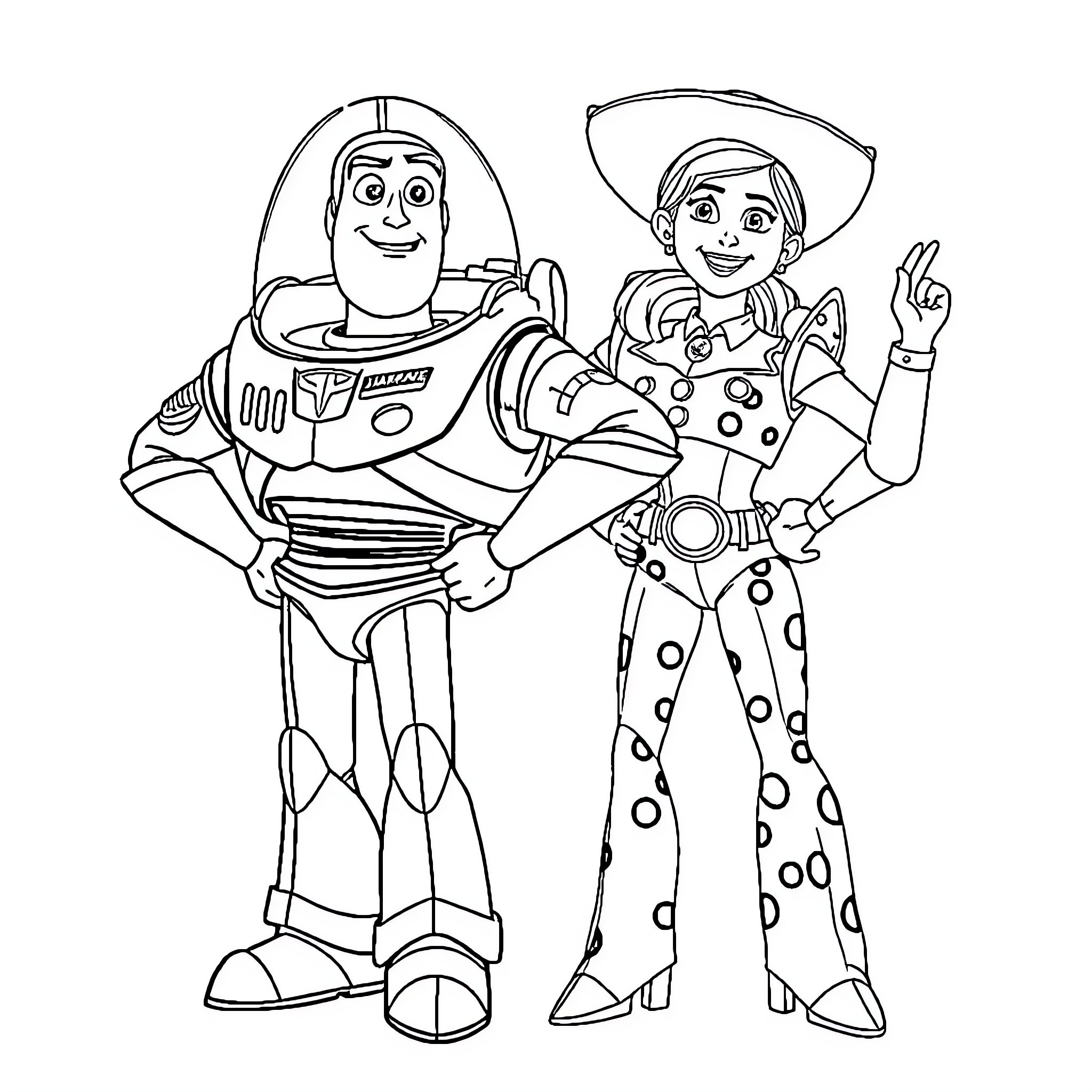 Buzz Lightyear and Jessie the Cowgirl in Playful Adventure Coloring Page (free black-and-white line drawing printable PDF for all, from beginners to advanced learners, including children, teens, adults, and seniors)