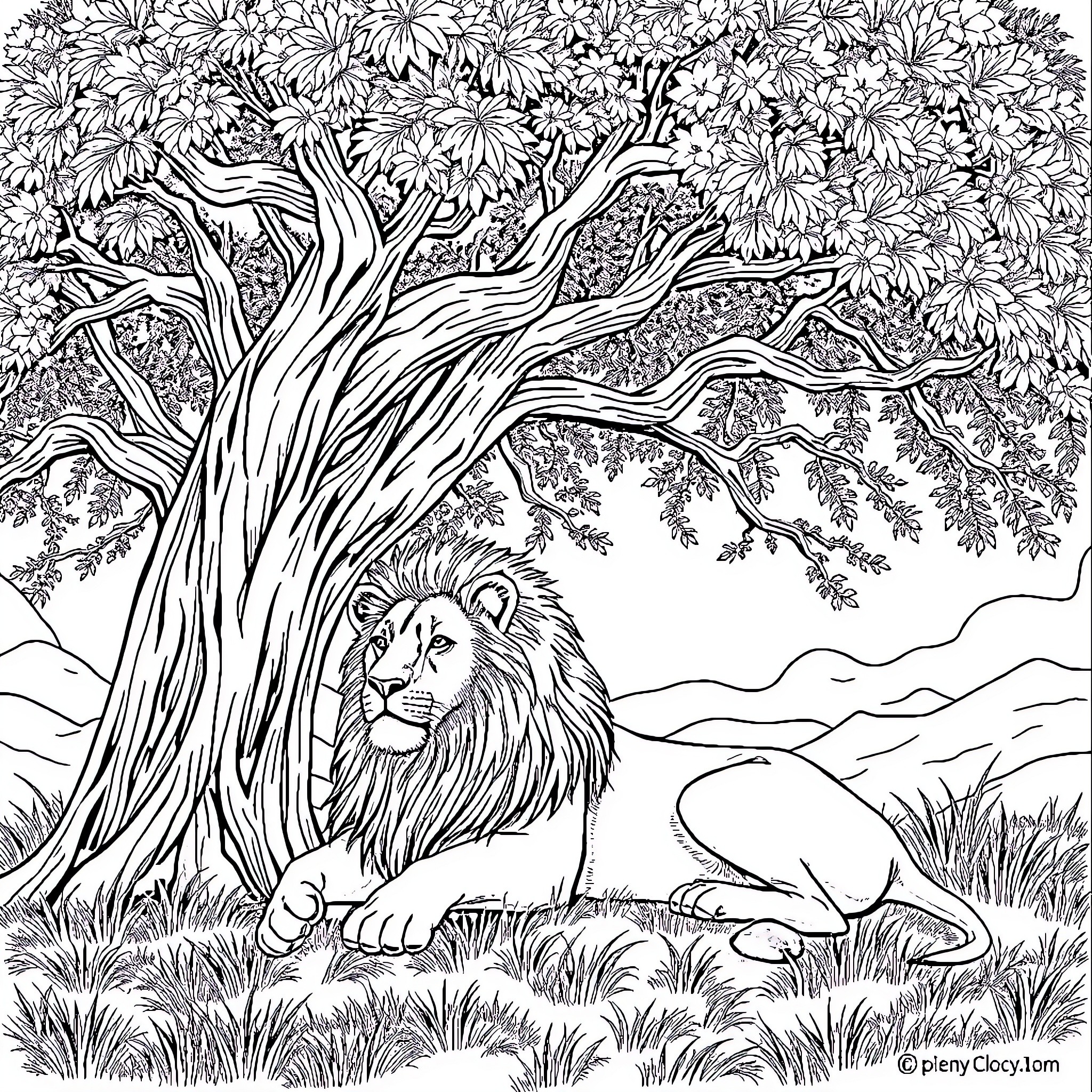 Lion resting under the tree in nature Coloring Page (free black-and-white line drawing printable PDF for all, from beginners to advanced learners, including children, teens, adults, and seniors)