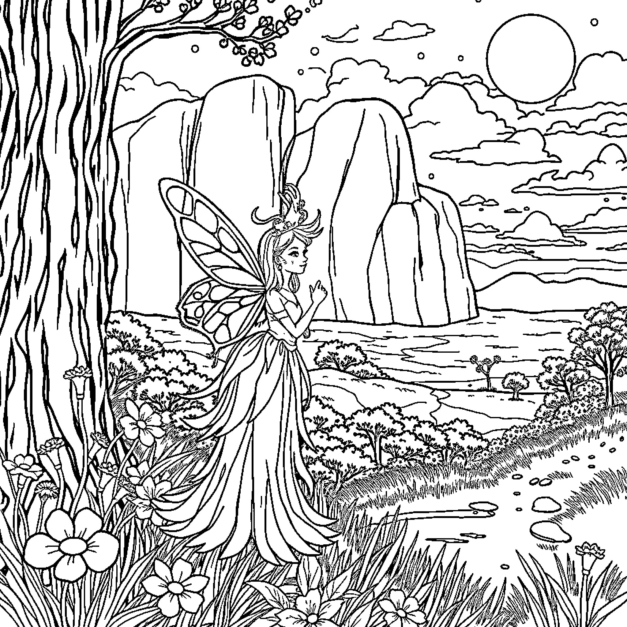 Fairy in a Magical Woodland Landscape Coloring Page (free black-and-white line drawing printable PDF for all, from beginners to advanced learners, including children, teens, adults, and seniors)