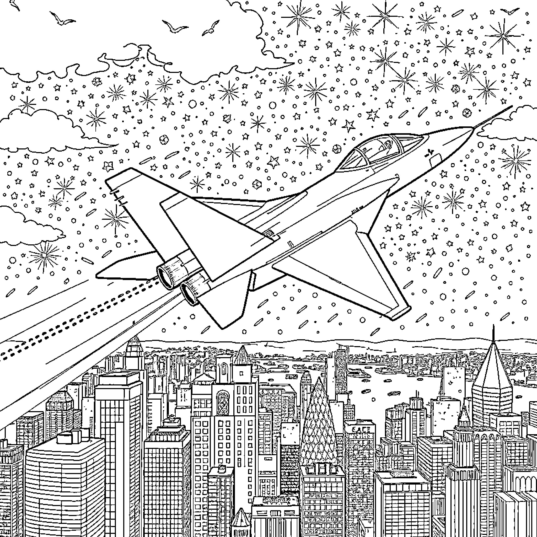 F14 jet soaring over the city skyline Coloring Page (free black-and-white line drawing printable PDF for all, from beginners to advanced learners, including children, teens, adults, and seniors)