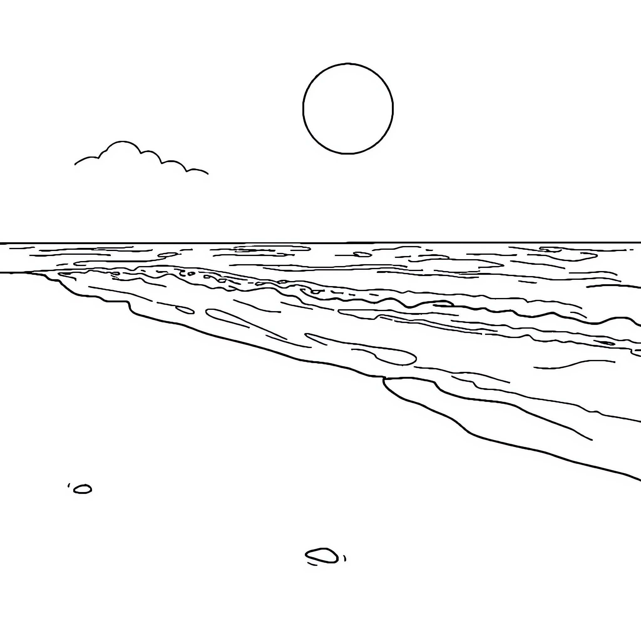 Beach scene with sun and waves Coloring Page (free black-and-white line drawing printable PDF for all, from beginners to advanced learners, including children, teens, adults, and seniors)