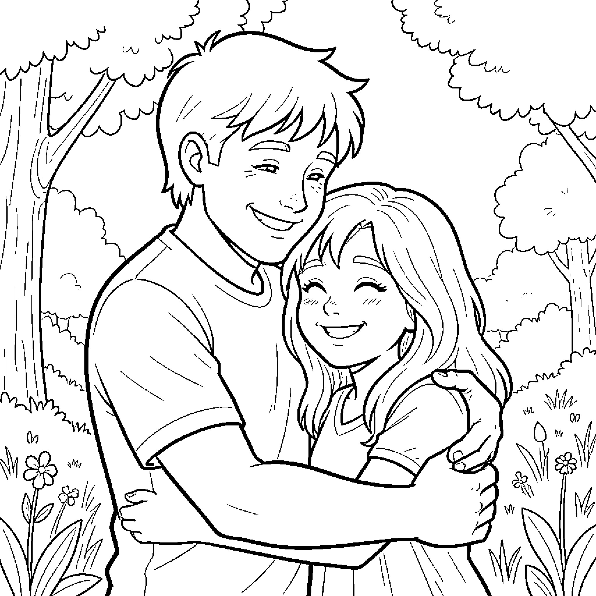 Mike enjoys a tender moment with his companion in nature Coloring Page (free black-and-white line drawing printable PDF for all, from beginners to advanced learners, including children, teens, adults, and seniors)