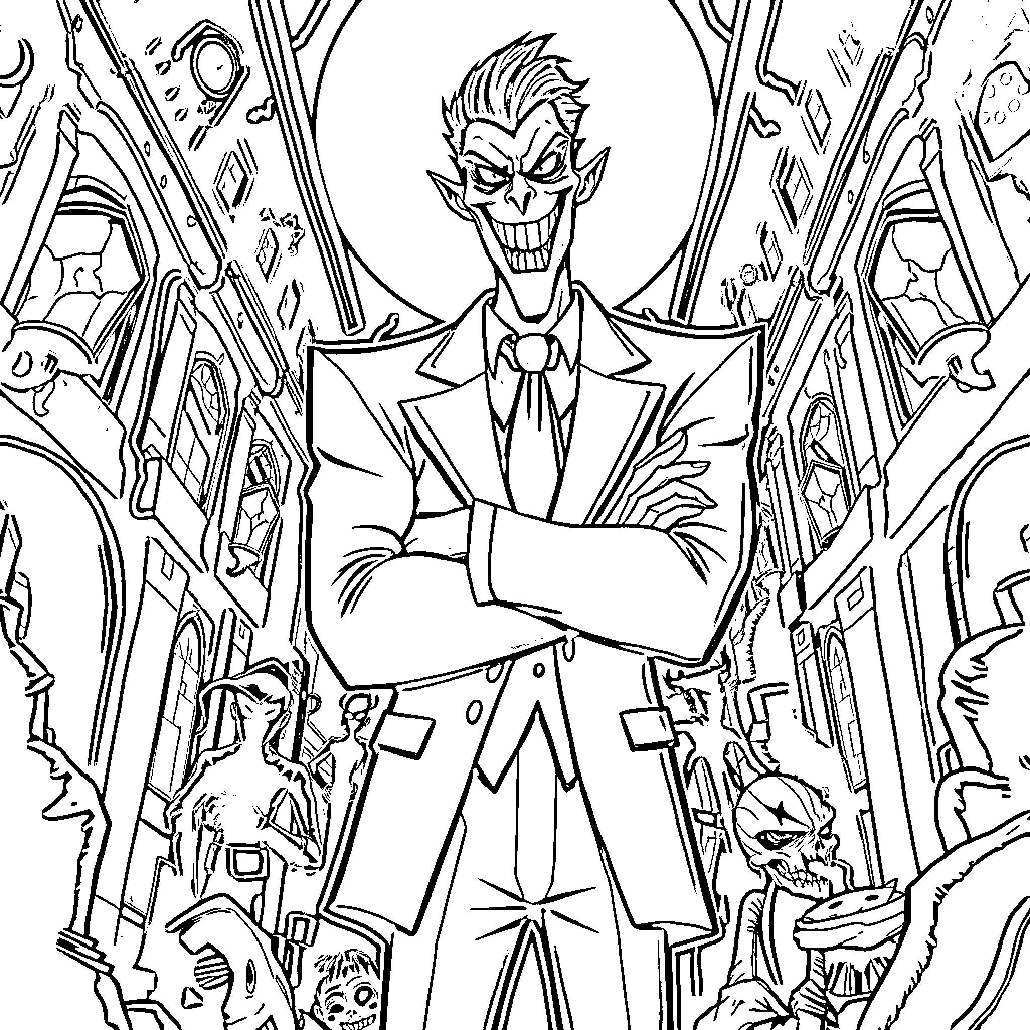 Alastor's Chaotic Carnival of Mischief Coloring Page (free black-and-white line drawing printable PDF for all, from beginners to advanced learners, including children, teens, adults, and seniors)
