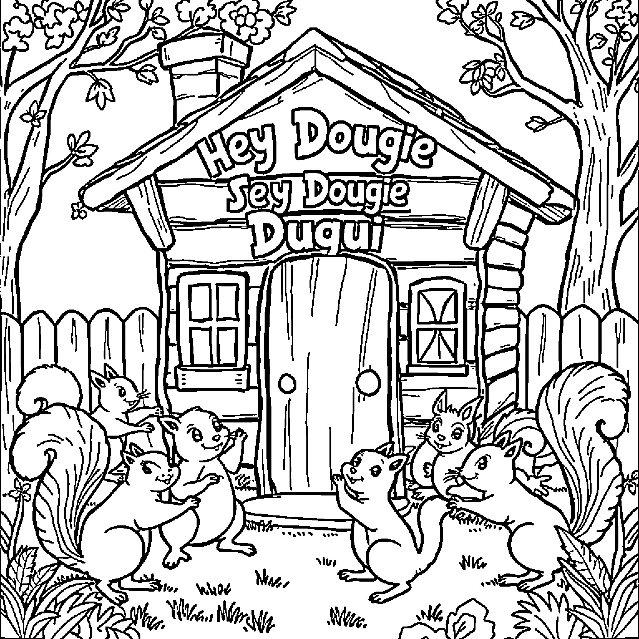 Dougie's Playful Woodland Adventure Coloring Page (free black-and-white line drawing printable PDF for all, from beginners to advanced learners, including children, teens, adults, and seniors)