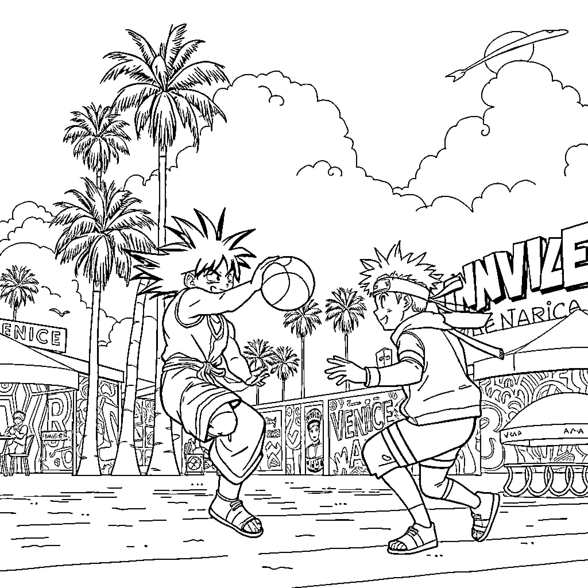 Goku's Beach Day Adventure Coloring Page (free black-and-white line drawing printable PDF for all, from beginners to advanced learners, including children, teens, adults, and seniors)