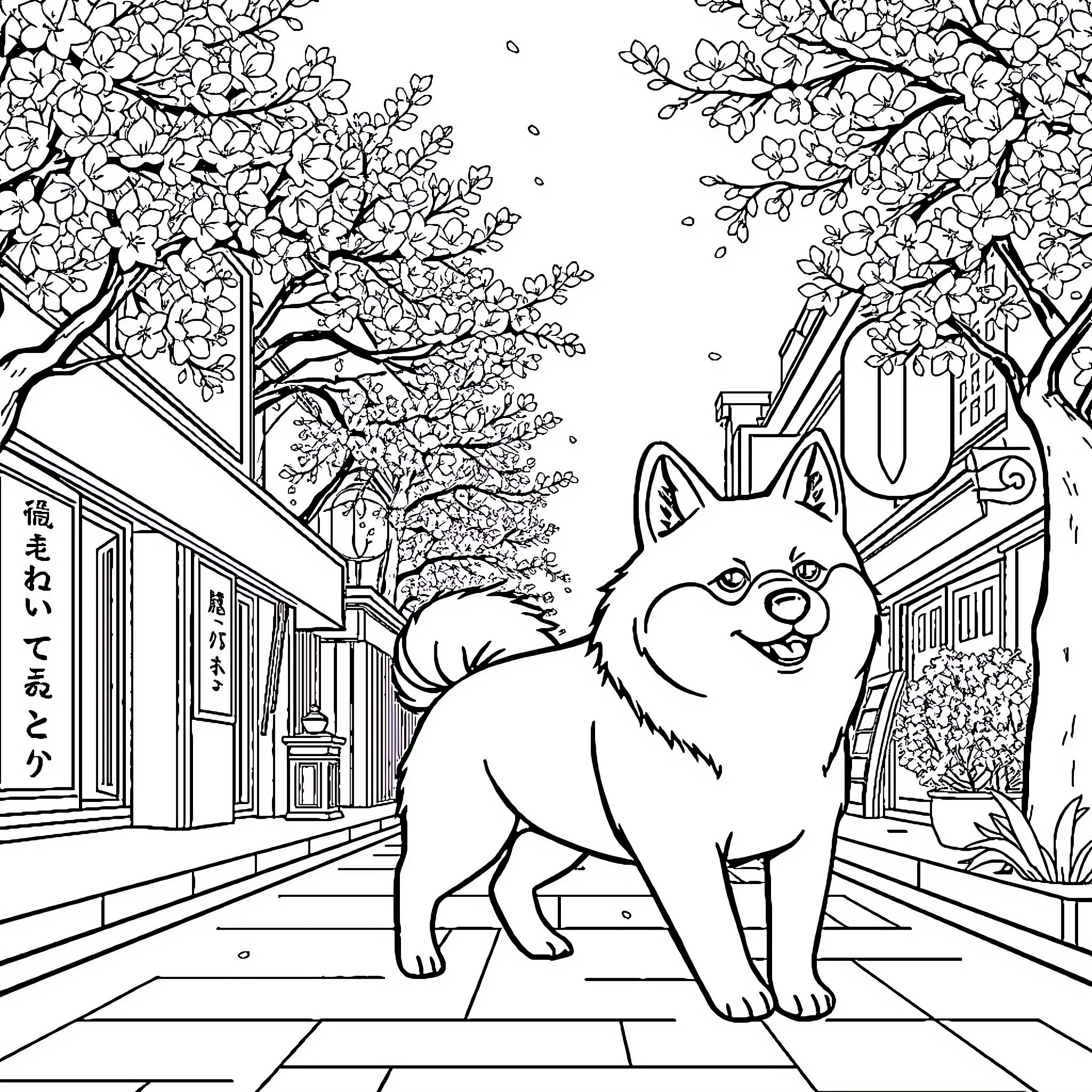Shiba Inu exploring a charming Japanese village Coloring Page (free black-and-white line drawing printable PDF for all, from beginners to advanced learners, including children, teens, adults, and seniors)