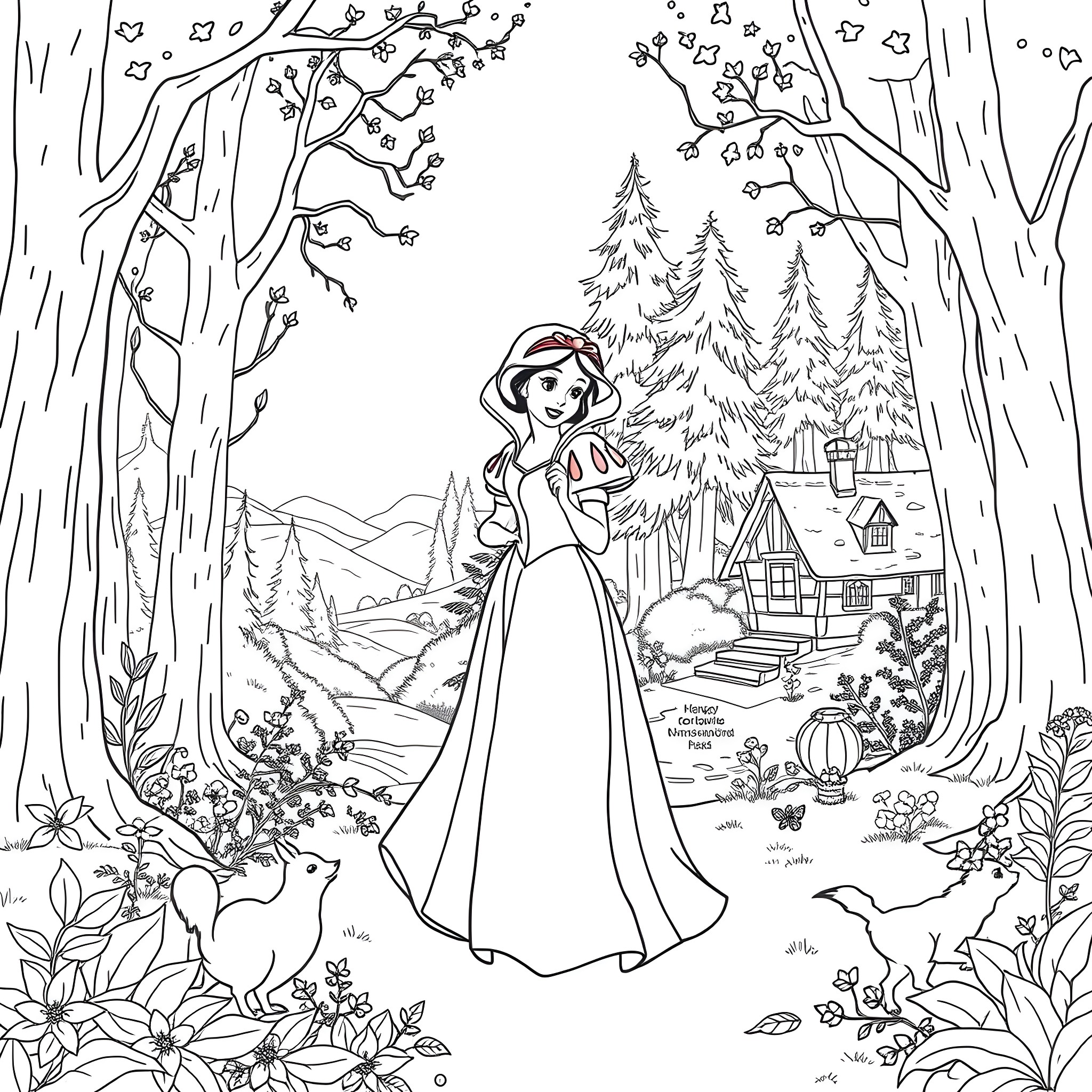 Snow White enjoying a peaceful forest scene Coloring Page (free black-and-white line drawing printable PDF for all, from beginners to advanced learners, including children, teens, adults, and seniors)
