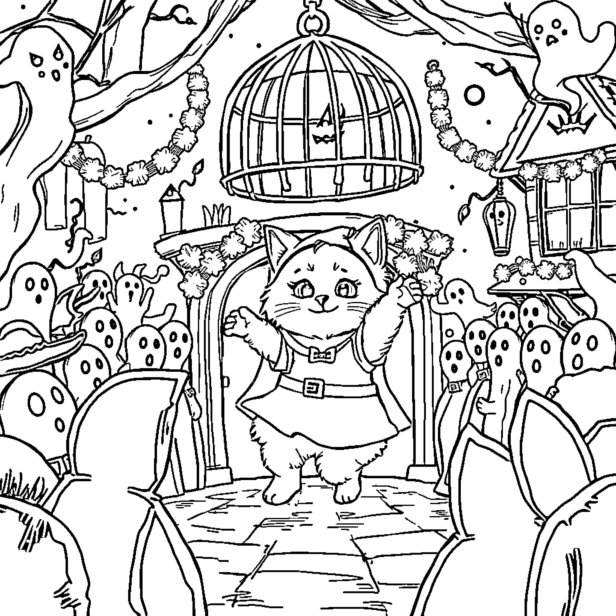 Cat in Halloween costume exploring spooky scene Coloring Page (free black-and-white line drawing printable PDF for all, from beginners to advanced learners, including children, teens, adults, and seniors)