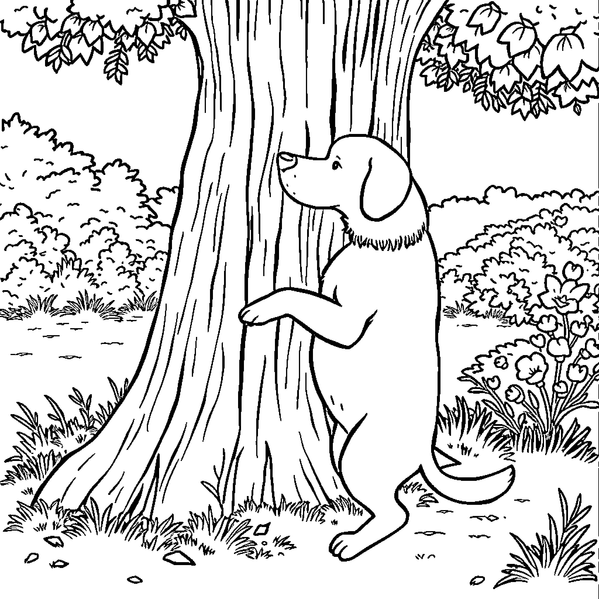 Dog standing by a tree in a forest Coloring Page (free black-and-white line drawing printable PDF for all, from beginners to advanced learners, including children, teens, adults, and seniors)