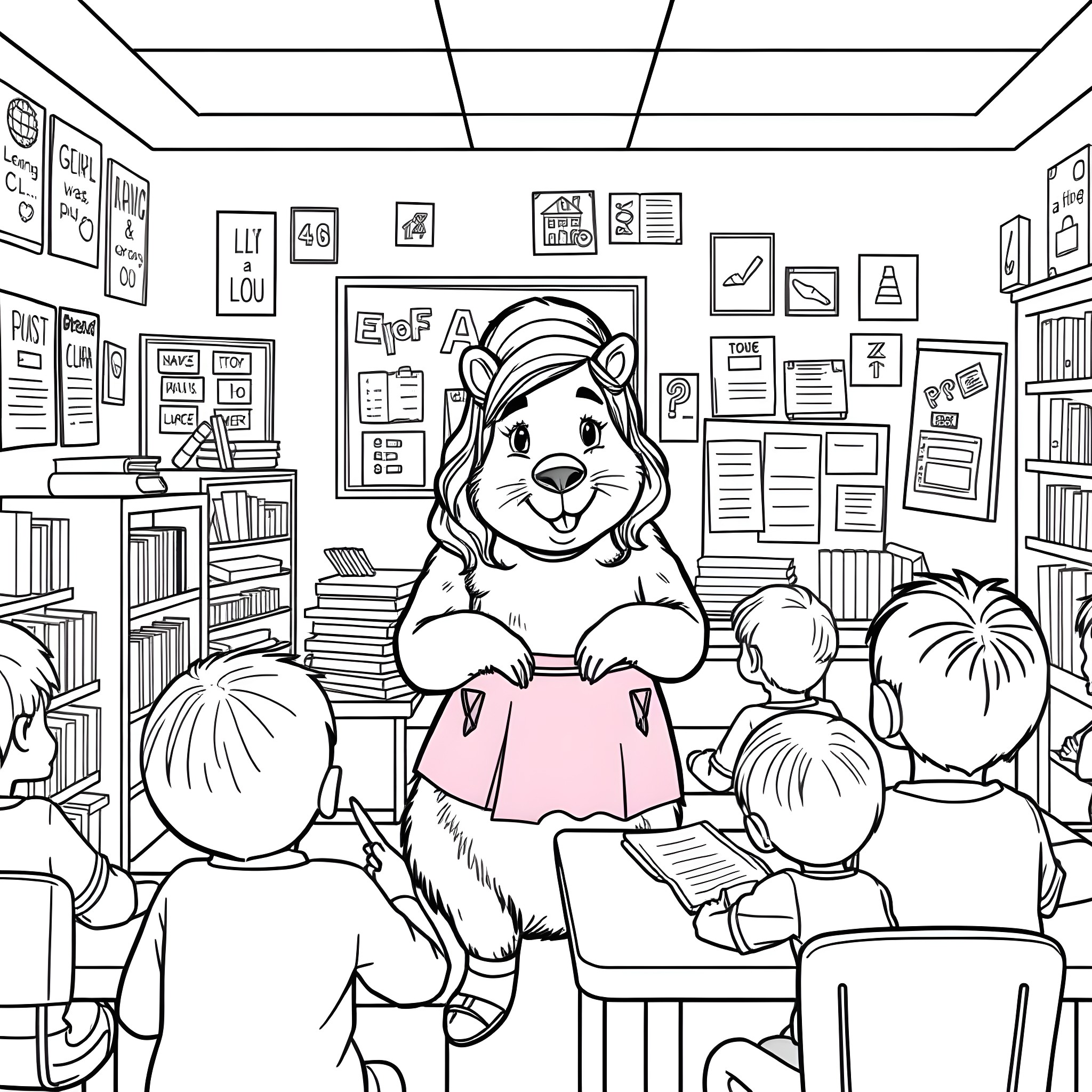Capybara reading to students in classroom Coloring Page (free black-and-white line drawing printable PDF for all, from beginners to advanced learners, including children, teens, adults, and seniors)