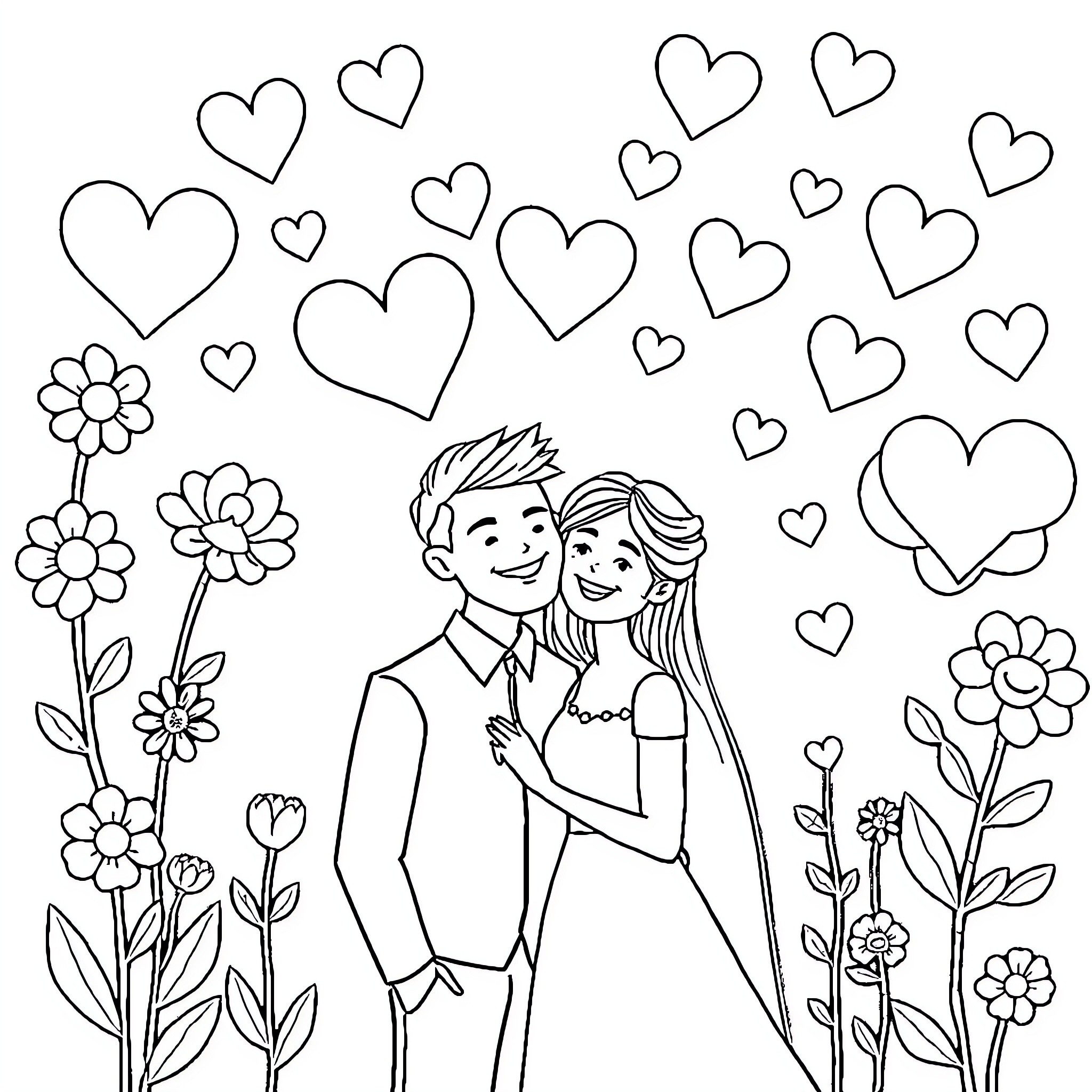 Couple embracing surrounded by hearts and flowers Coloring Page (free black-and-white line drawing printable PDF for all, from beginners to advanced learners, including children, teens, adults, and seniors)