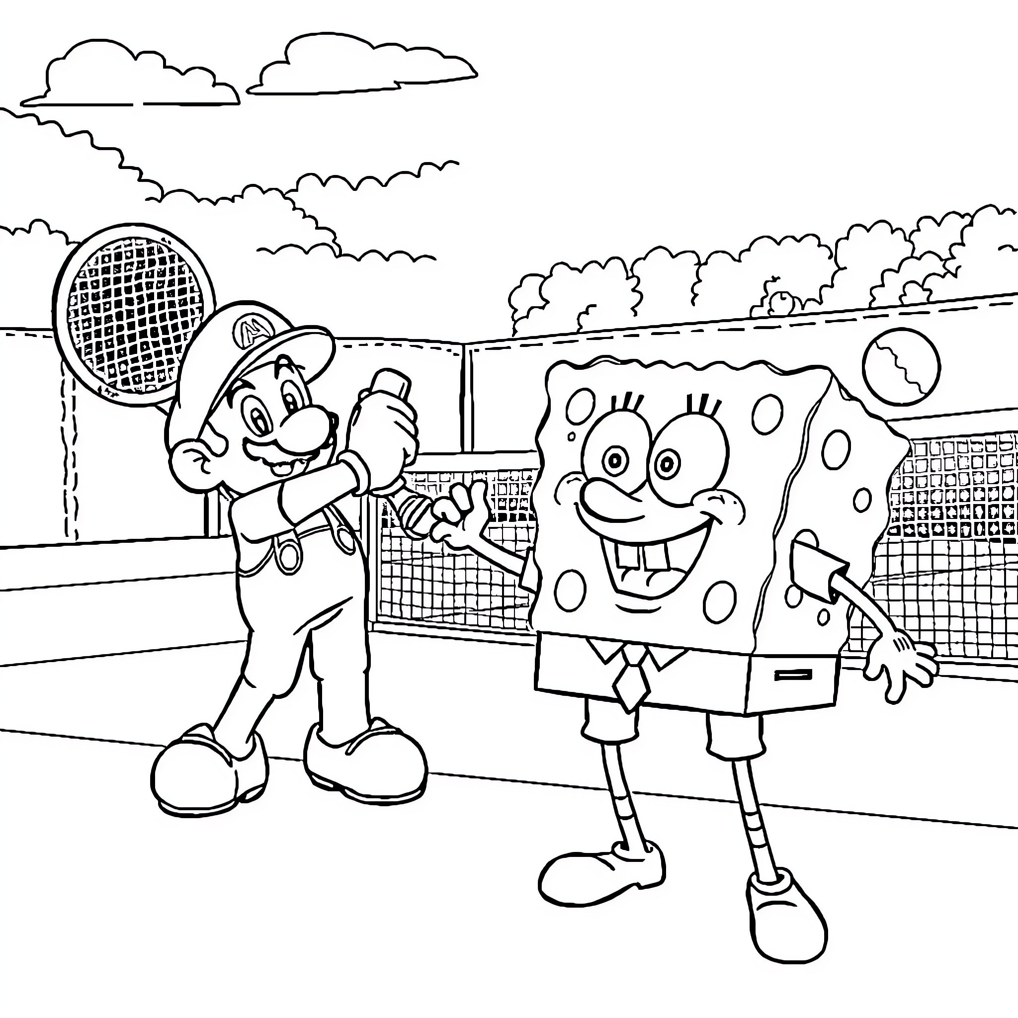 Mario playing tennis with SpongeBob on the court Coloring Page (free black-and-white line drawing printable PDF for all, from beginners to advanced learners, including children, teens, adults, and seniors)