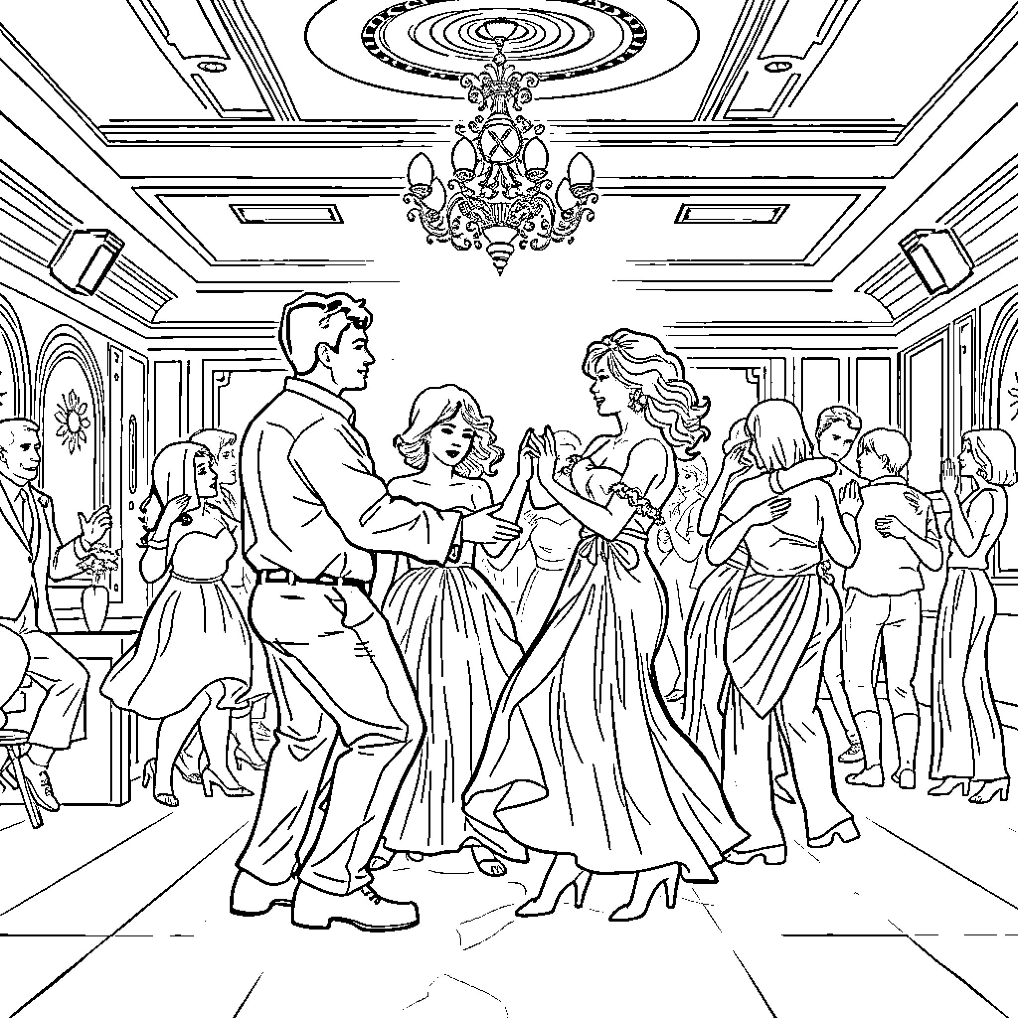 Elderly couple dancing at a formal ball Coloring Page (free black-and-white line drawing printable PDF for all, from beginners to advanced learners, including children, teens, adults, and seniors)