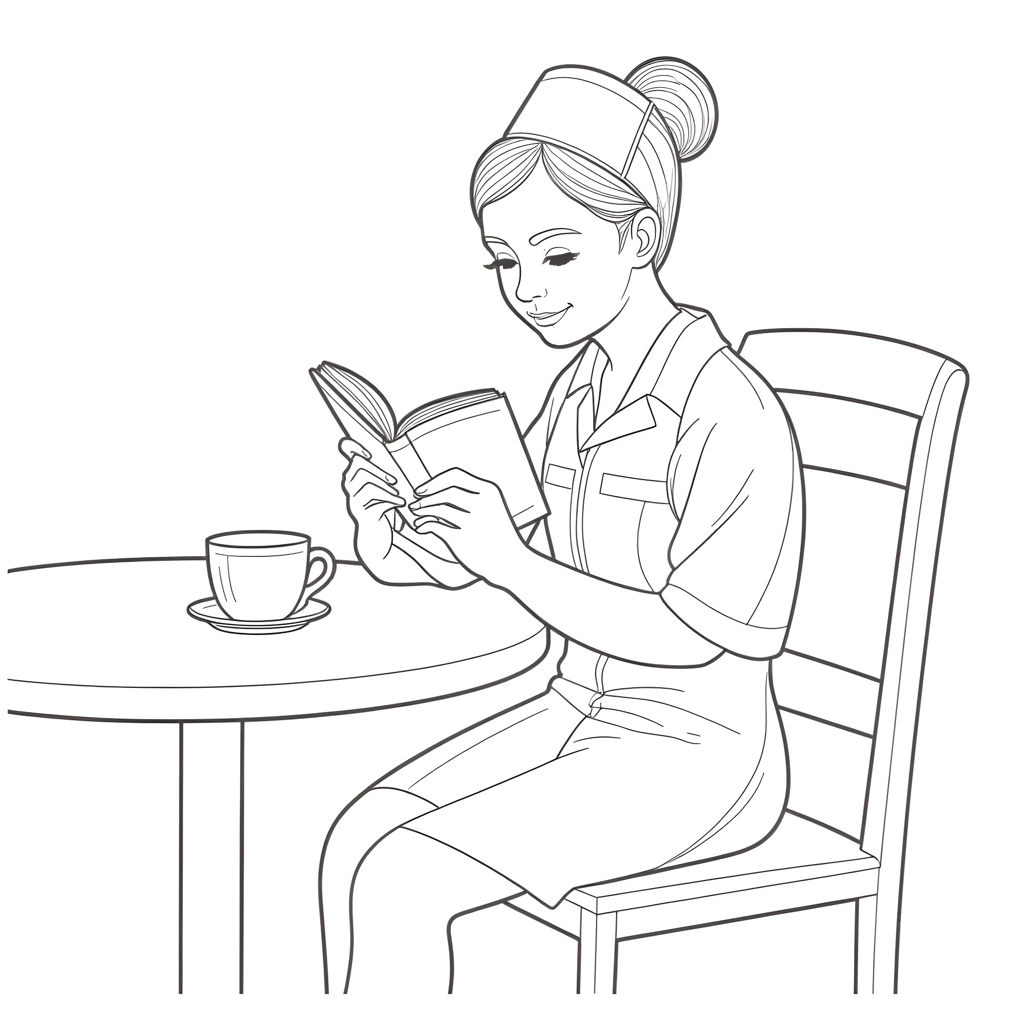 Nurse reading a book while enjoying a cup of tea Coloring Page (free black-and-white line drawing printable PDF for all, from beginners to advanced learners, including children, teens, adults, and seniors)