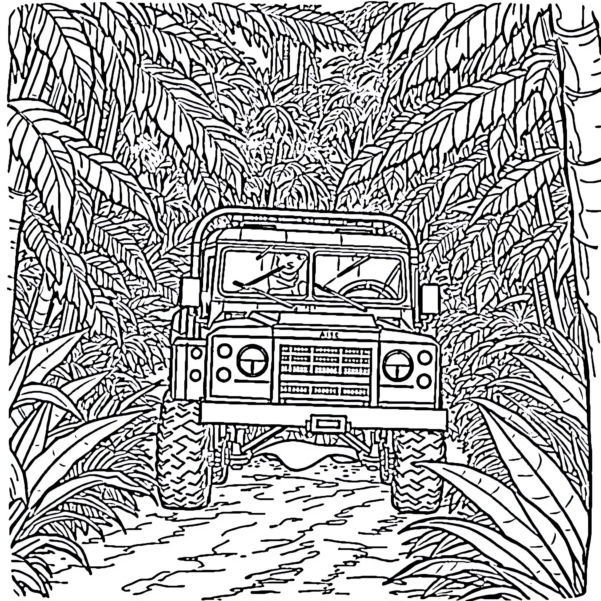 Landcruiser navigating through dense jungle foliage Coloring Page (free black-and-white line drawing printable PDF for all, from beginners to advanced learners, including children, teens, adults, and seniors)