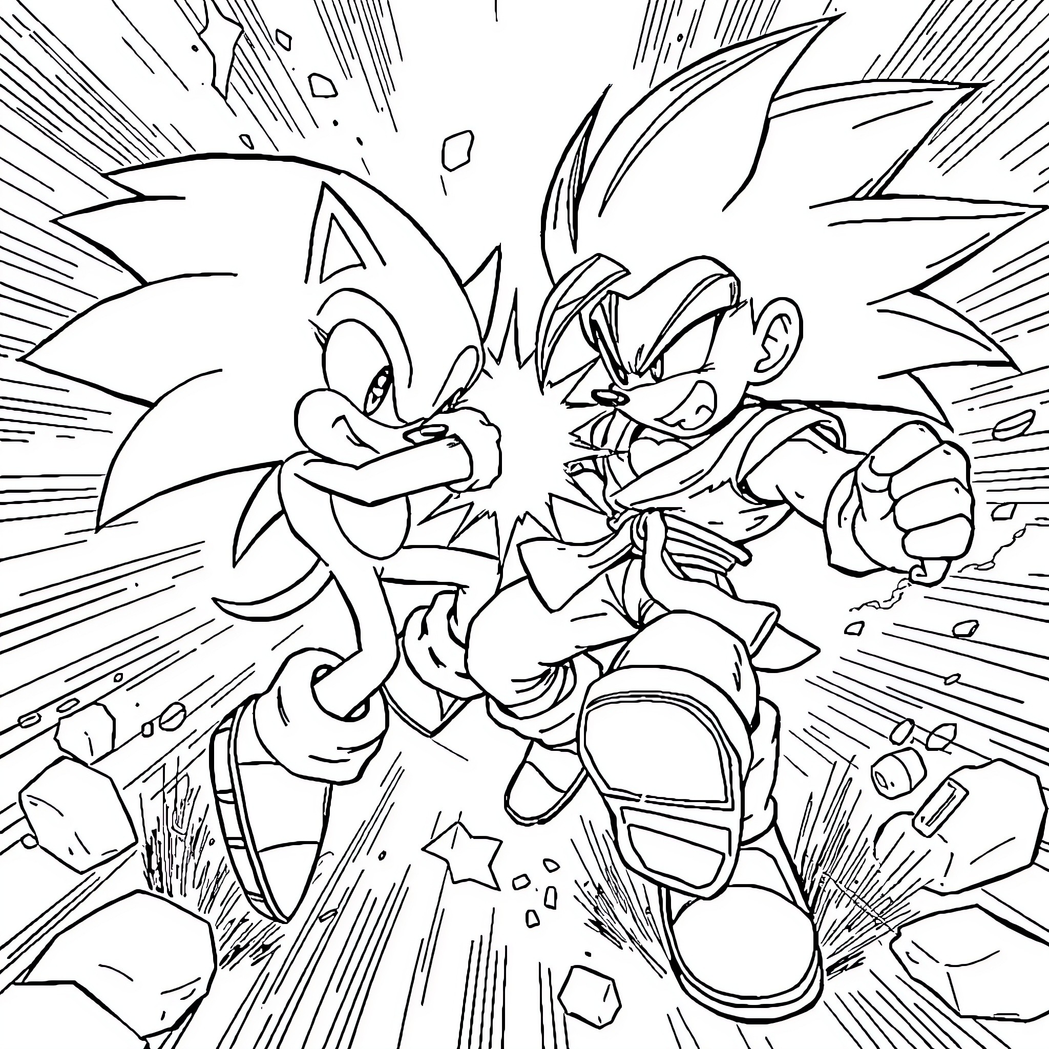 Sonic characters engaged in intense action Coloring Page (free black-and-white line drawing printable PDF for all, from beginners to advanced learners, including children, teens, adults, and seniors)
