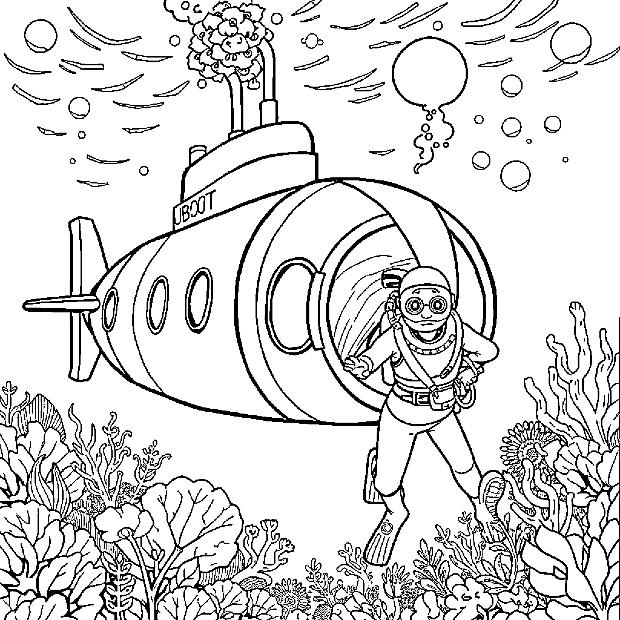 Submarine exploring underwater coral reef with diver Coloring Page (free black-and-white line drawing printable PDF for all, from beginners to advanced learners, including children, teens, adults, and seniors)