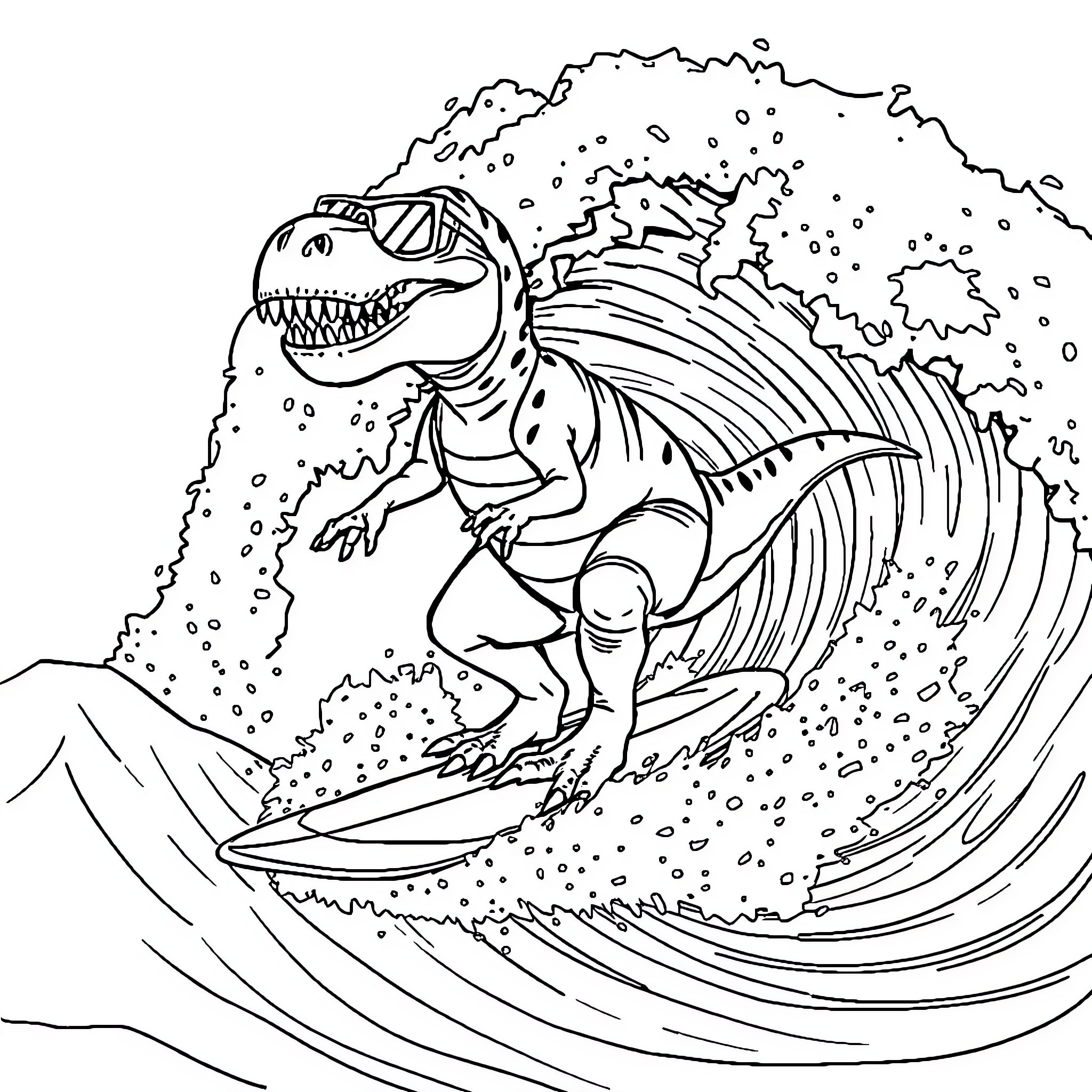 T-Rex surfing on giant wave Coloring Page (free black-and-white line drawing printable PDF for all, from beginners to advanced learners, including children, teens, adults, and seniors)