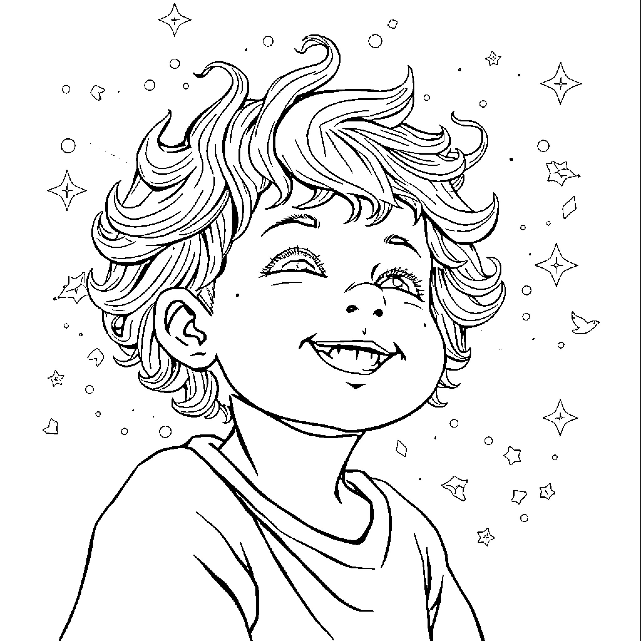 Child joyfully smiling with swirling hair Coloring Page (free black-and-white line drawing printable PDF for all, from beginners to advanced learners, including children, teens, adults, and seniors)