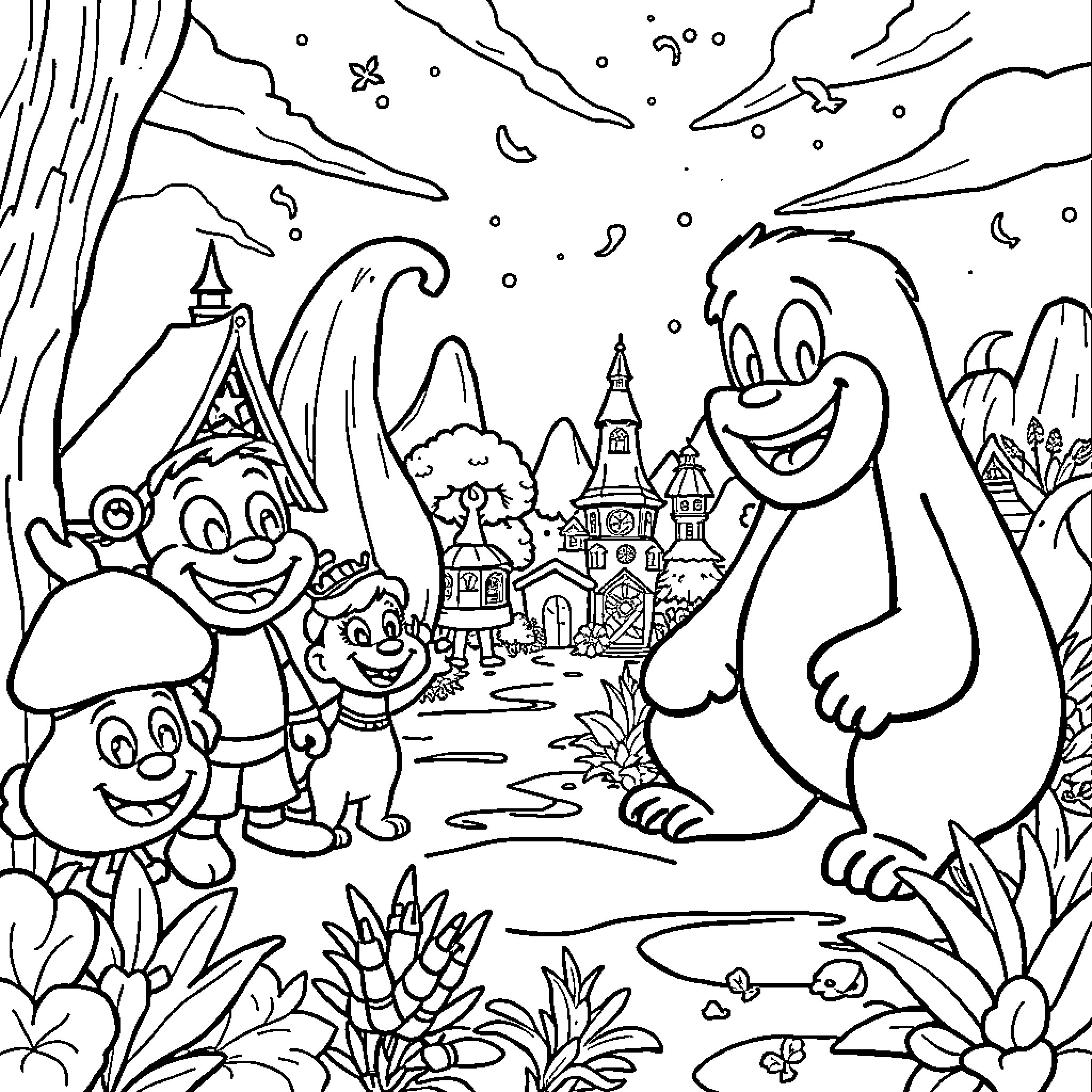 Animation of Whimsical Creatures in Fantastical Landscape Coloring Page (free black-and-white line drawing printable PDF for all, from beginners to advanced learners, including children, teens, adults, and seniors)