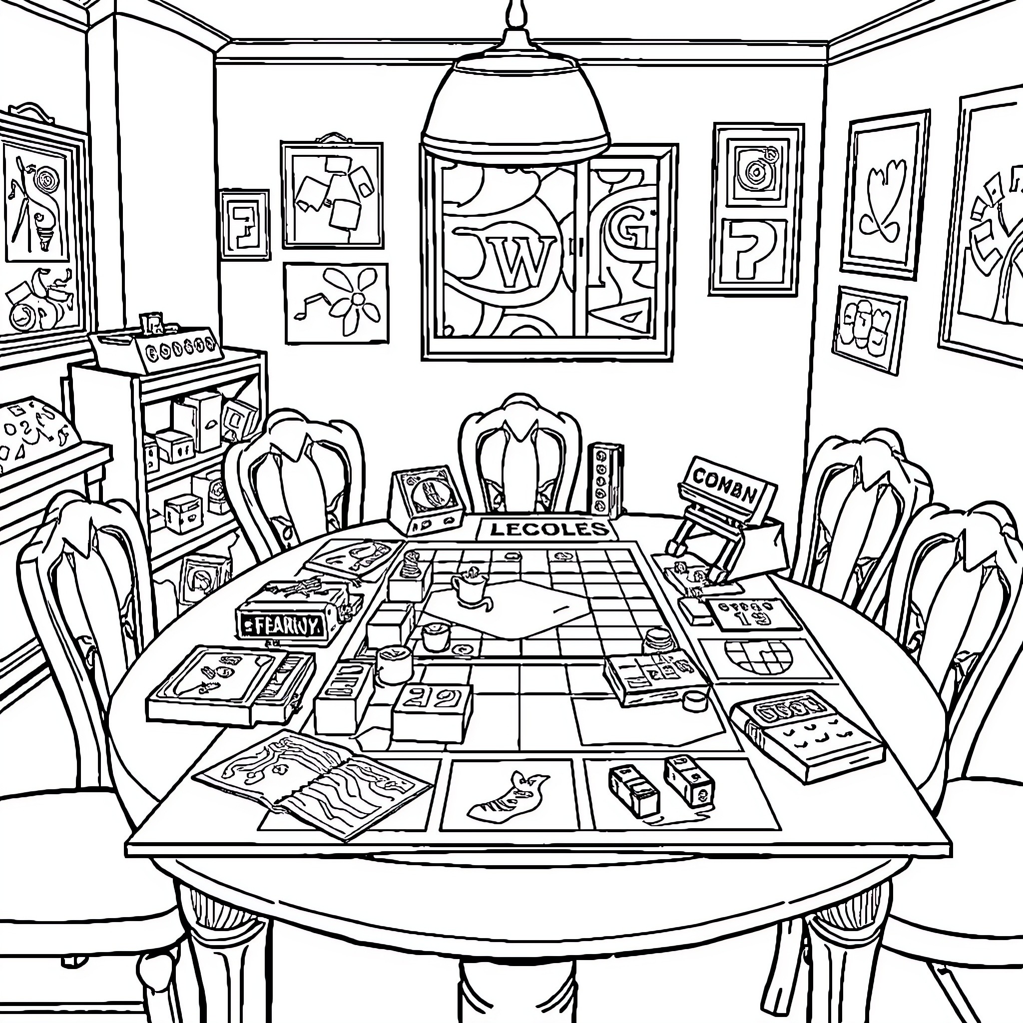 Board Game Club Meeting in Gallery Room Coloring Page (free black-and-white line drawing printable PDF for all, from beginners to advanced learners, including children, teens, adults, and seniors)