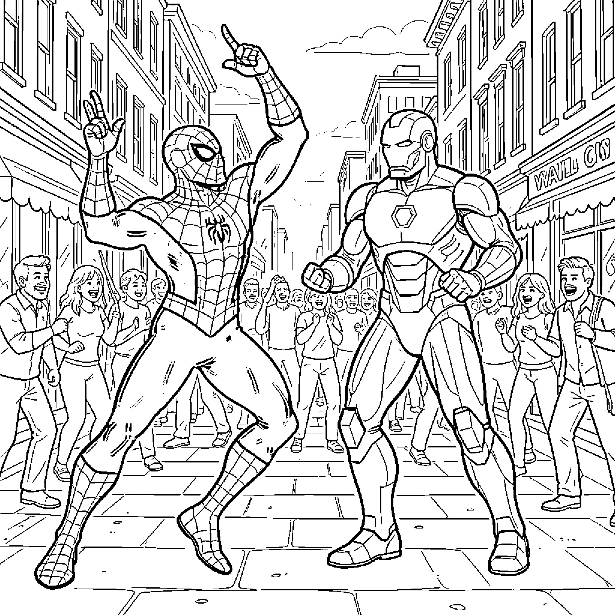 Spiderman and Iron Man posing in a crowded city street Coloring Page (free black-and-white line drawing printable PDF for all, from beginners to advanced learners, including children, teens, adults, and seniors)