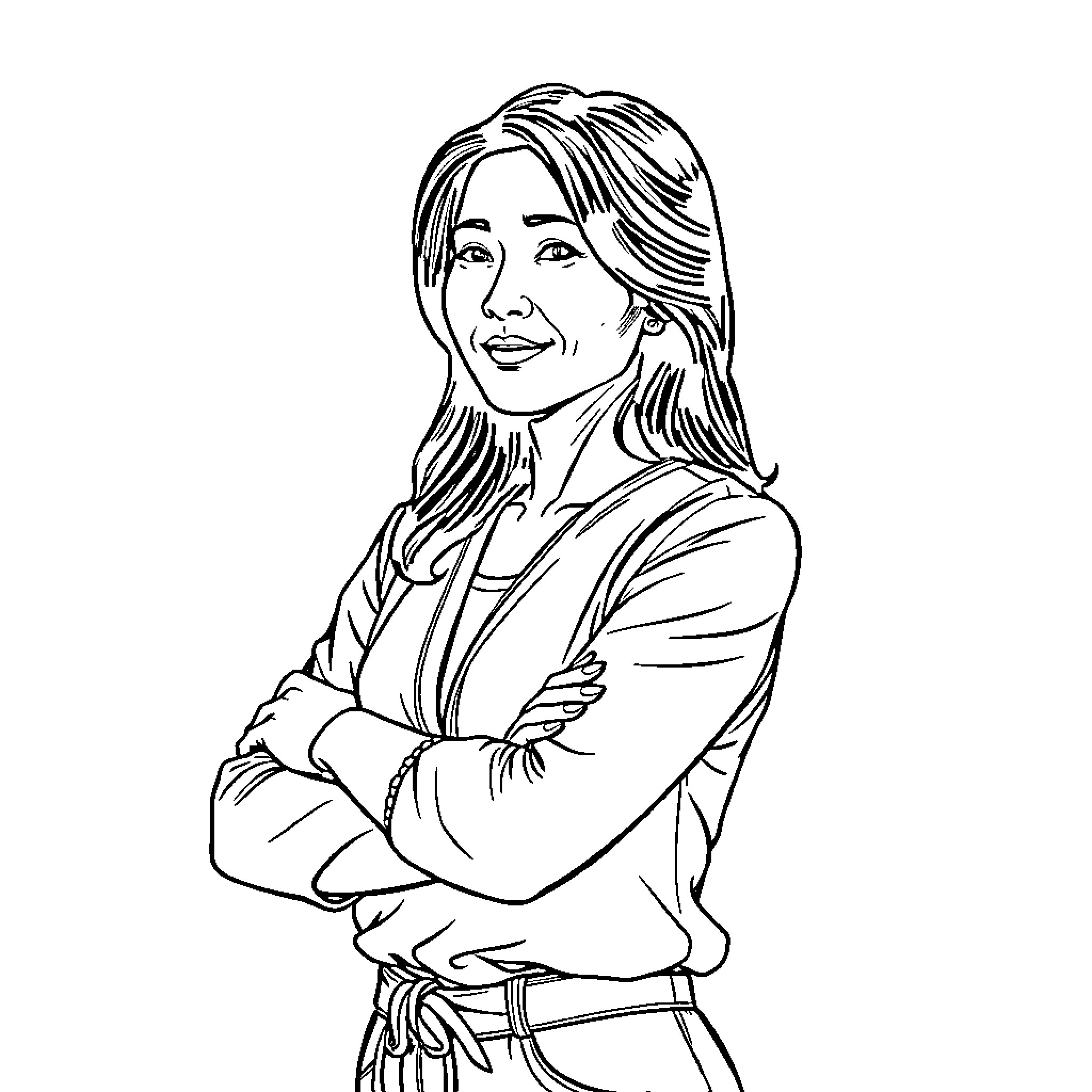 Woman smiling confidently with folded arms Coloring Page (free black-and-white line drawing printable PDF for all, from beginners to advanced learners, including children, teens, adults, and seniors)