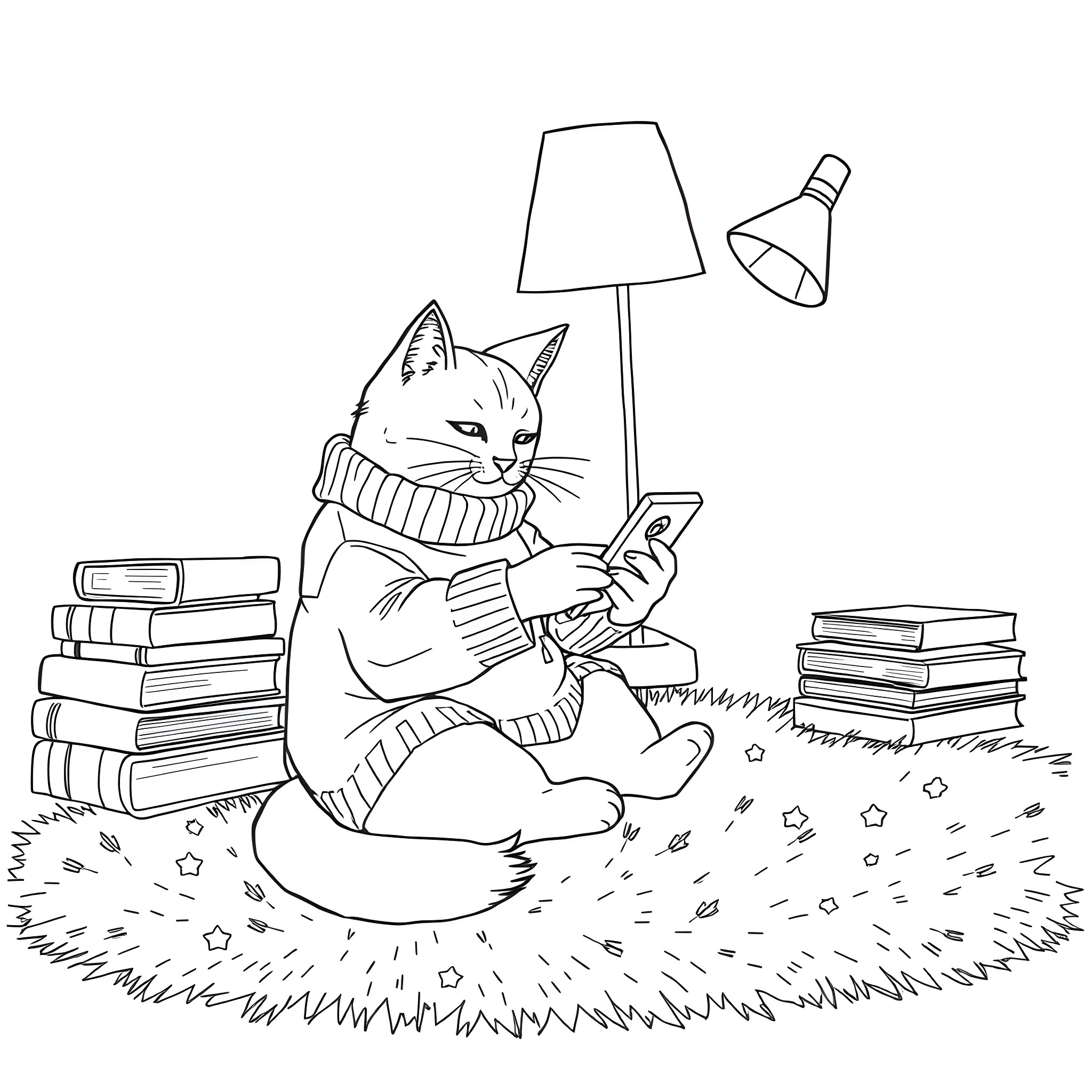 Cat reading book by lamp on pile of books Coloring Page (free black-and-white line drawing printable PDF for all, from beginners to advanced learners, including children, teens, adults, and seniors)